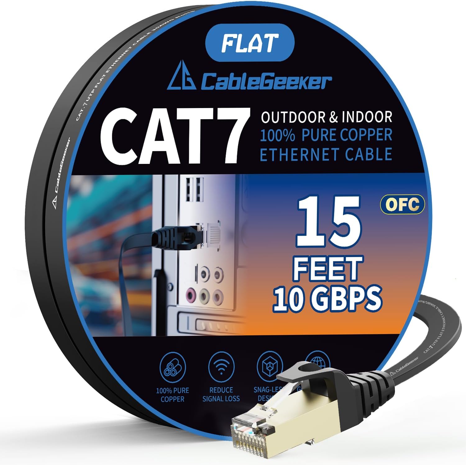 CableGeeker Cat7 Ethernet Cable 15ft (30 AWG High Speed Cable) Flat Cat7 Shielded Ethernet Cable Support Cat5/Cat6 Network,600Mhz,10Gbps - Black Computer Cord for Router Xbox Modem