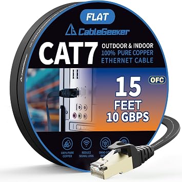 CableGeeker Cat7 Ethernet Cable 15ft (30 AWG High Speed Cable) Flat Cat7 Shielded Ethernet Cable Support Cat5/Cat6 Network,600Mhz,10Gbps - Black Computer Cord for Router Xbox Modem
