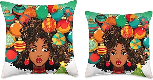 Miniatura 3 de Black women Christmas ornament melanin curly hair Melanin - Almohada mágica de Navidad con adorno de Navidad, 18 x 18 pulgadas, multicolor