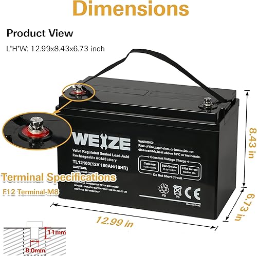 Miniatura 2 de Weize - Batería de ciclo profundo, 12 V 100 amperios, AGM SLA VRLA, para sistema solar, autocaravana, campamento, motor de arrastre, en serie 24 V,