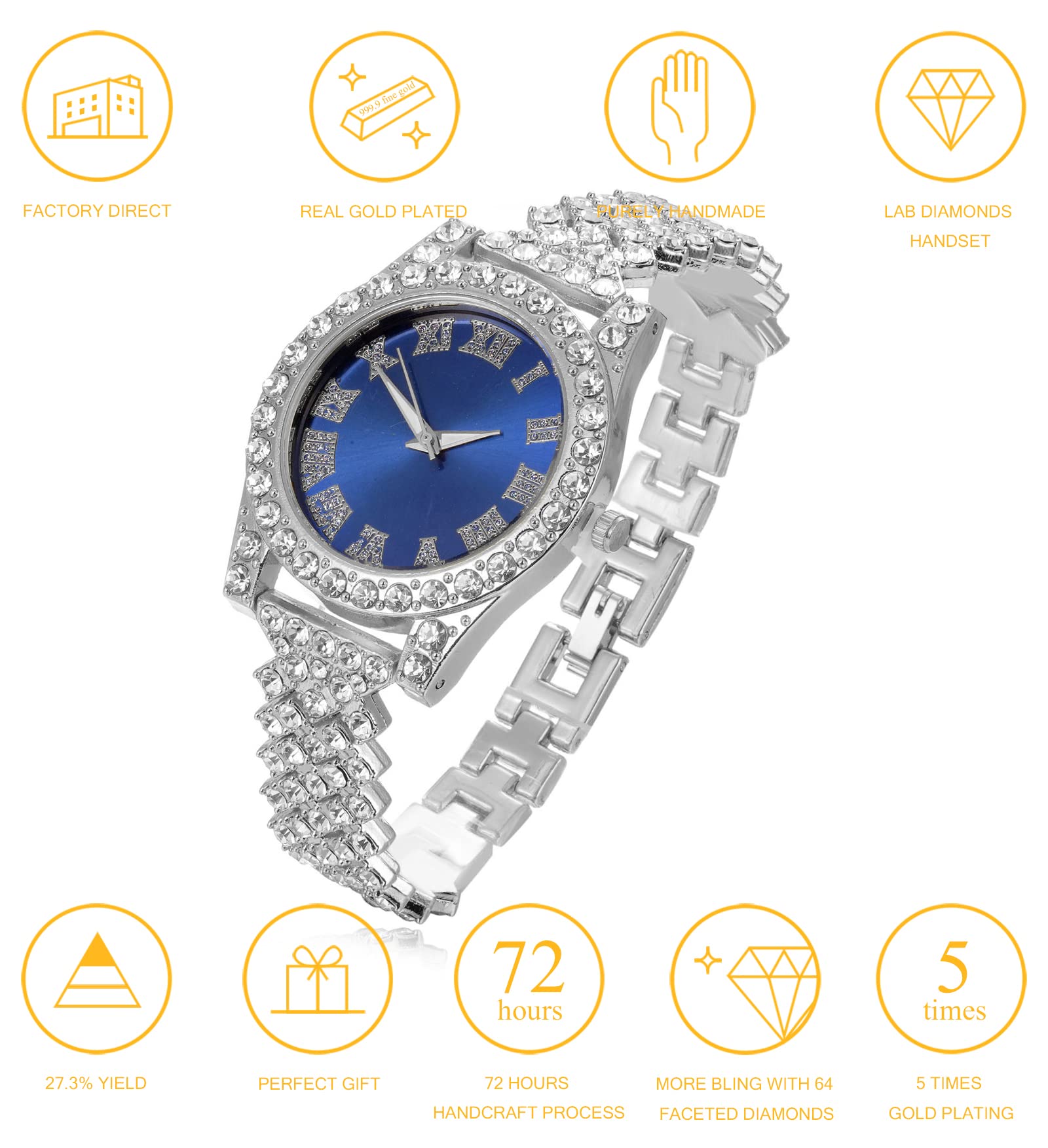 HALUKAKAH Diamenty złoty zegarek, oryginalne złoto dla dzieci 18 K/platynowe białe złoto 36 mm szerokość zielona/niebieska/czerwona tarcza kwarcowa 20 cm z kubańską bransoletką naszyjnik, darmowe