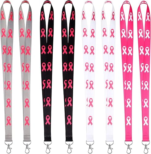 24 Pieces Breast Cancer Awareness Pink Bulk Ribbon Lanyards Women for ID Badges Keychain Phone Bag (Pink, Black, White, Gray)