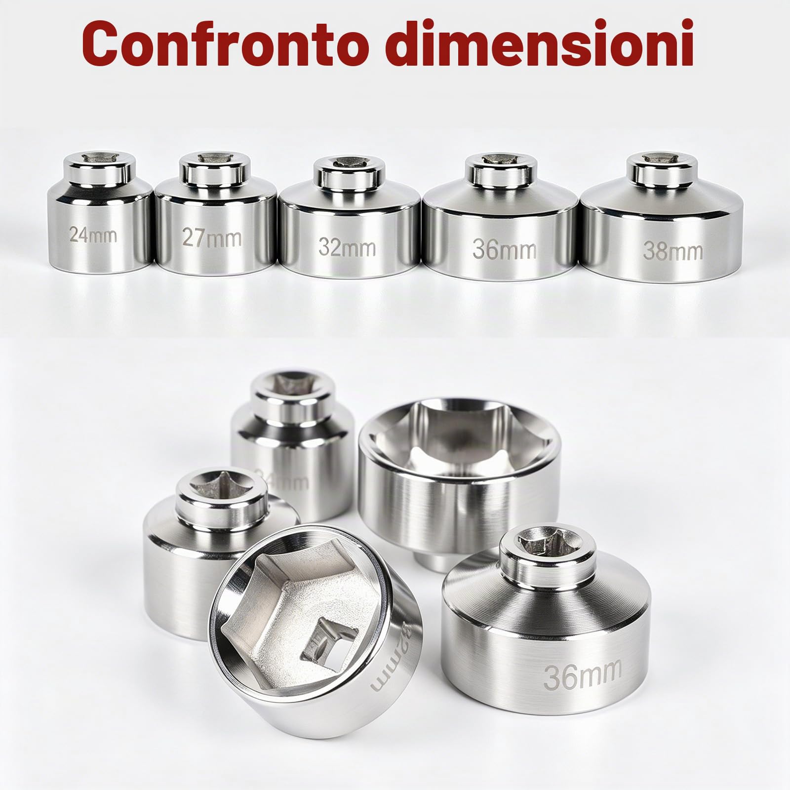 lalago Set di Chiavi per Filtro Olio 5 Pezzi, Chiavi a Tazza per Filtro Dell'olio, Chiave Esagonale da 3/8", in Acciaio al CR-V, Strumento di Rimozione Presa Filtro Olio Auto (24, 27, 32, 36, 38mm)