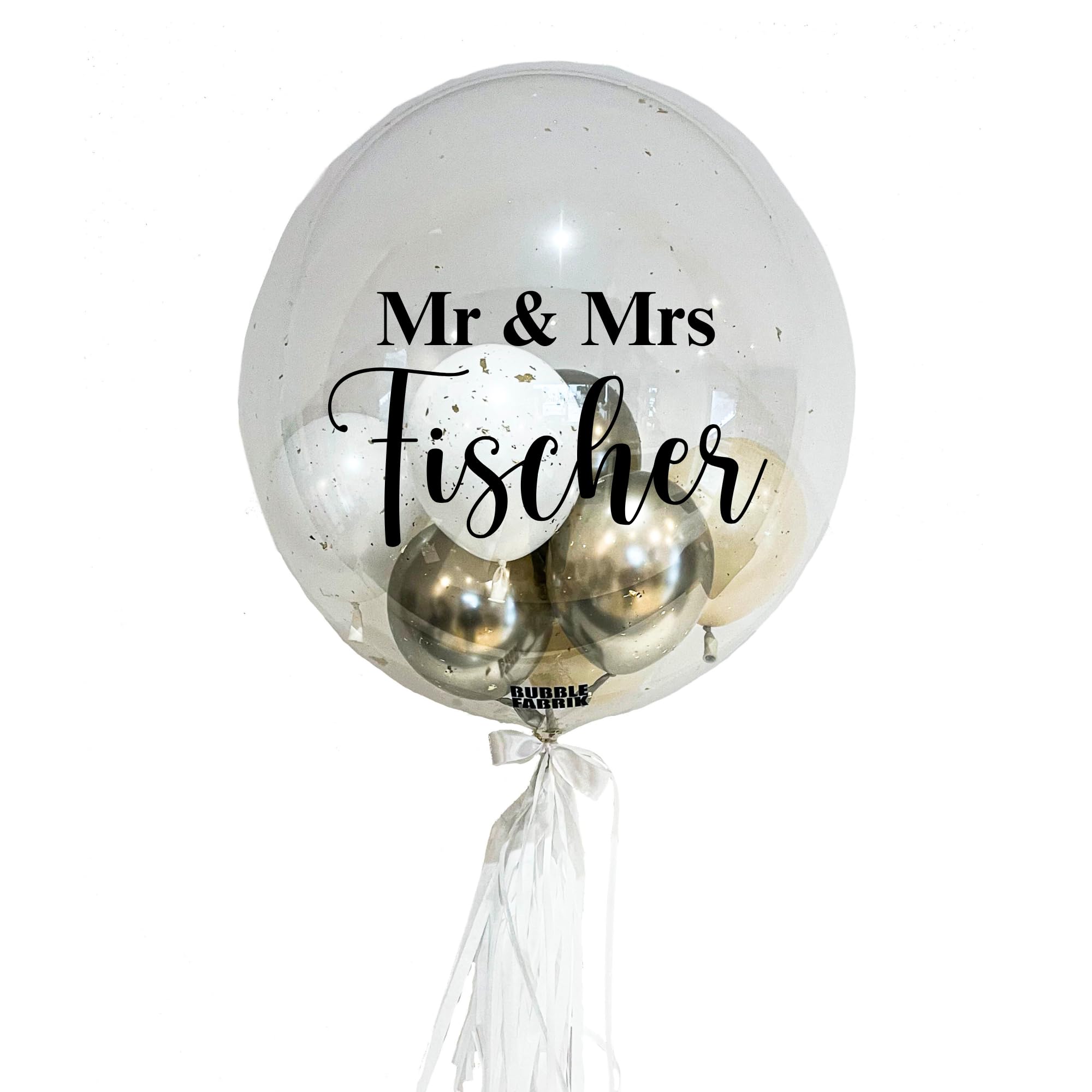 Mr & Mrs - Bubble Fabrik - Personalisiertes Ballongeschenk: Durchsichtiger Heliumballon mit Bunten Ballons, Geschenk zur Hochzeit, Hochzeitsmitbringsel