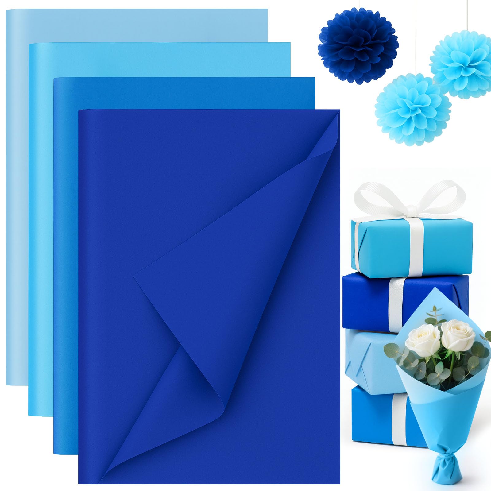 Koogel 320 Sheets Blue Tissue Paper, 14×10 Inch Tissue Paper for Gift Bags Light Navy Baby Blue Wrapping for DIY Crafts Christmas Party Holiday Decorations