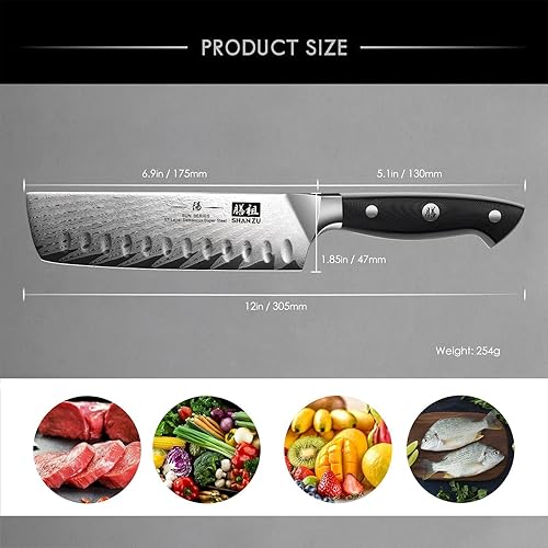 Miniatura 7 de SHAN ZU Nakiri - Cuchillo profesional para verduras de acero Damasco japonés (AUS-10), mango ergonómico G10, serie SUN