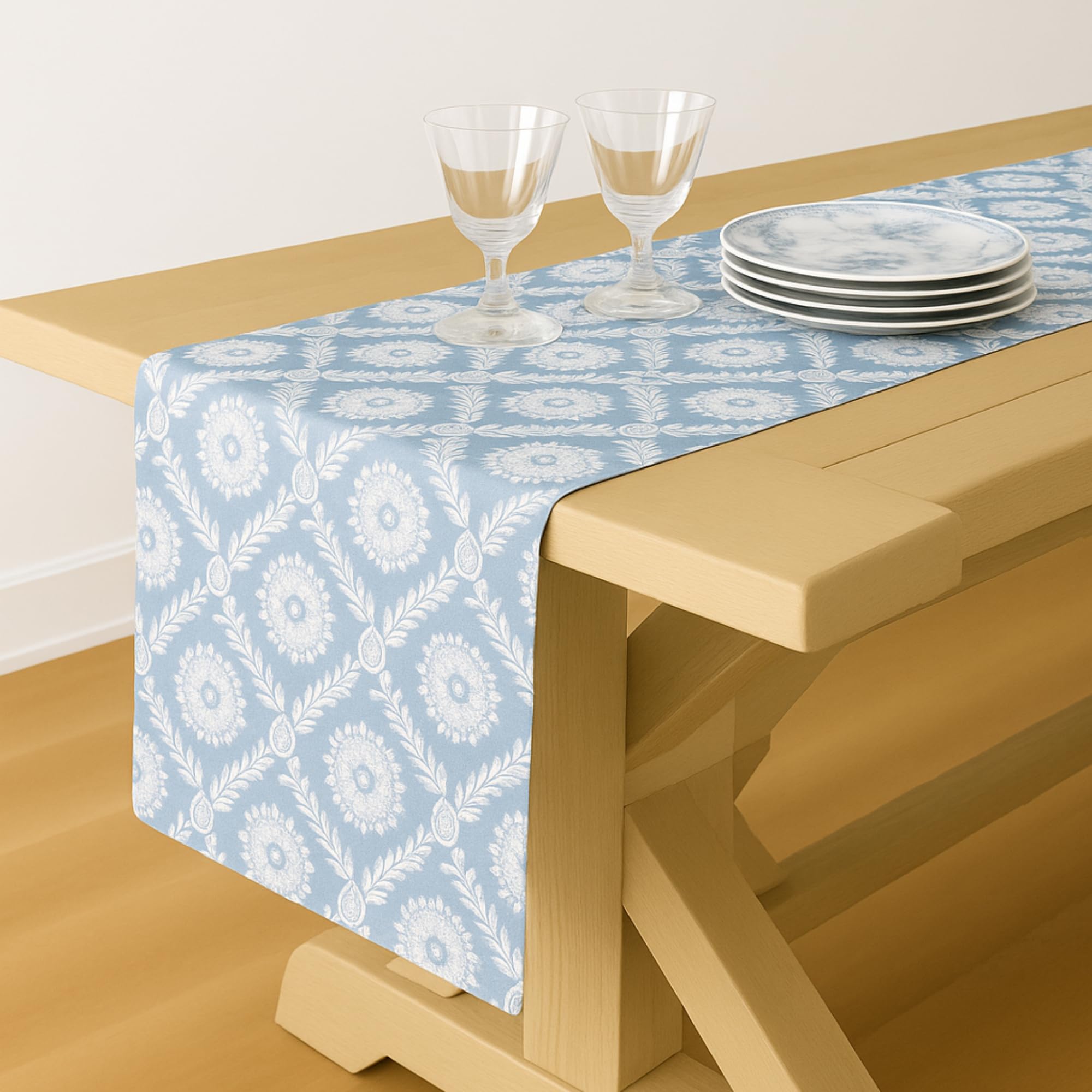 WWW.THROWPILLOW.IN Powder Blue Floral Pattern Bedside Table Runner 13x60 Inch| Chic Table Runner for 4 Feet Long Bedroom Side Table, Nightstand, Bedside Cabinet, Bed Table |Diwali Decor, Living Room 1