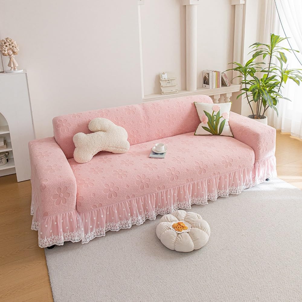 Sofabezug 1/2/3/4/5-Sitzer, Dicker rutschfest Sofa Überzug Sofaschoner - Elastischer Blume Jacquard Samt Sofa Bezug mit Armlehnen(Pink,2 Seater)