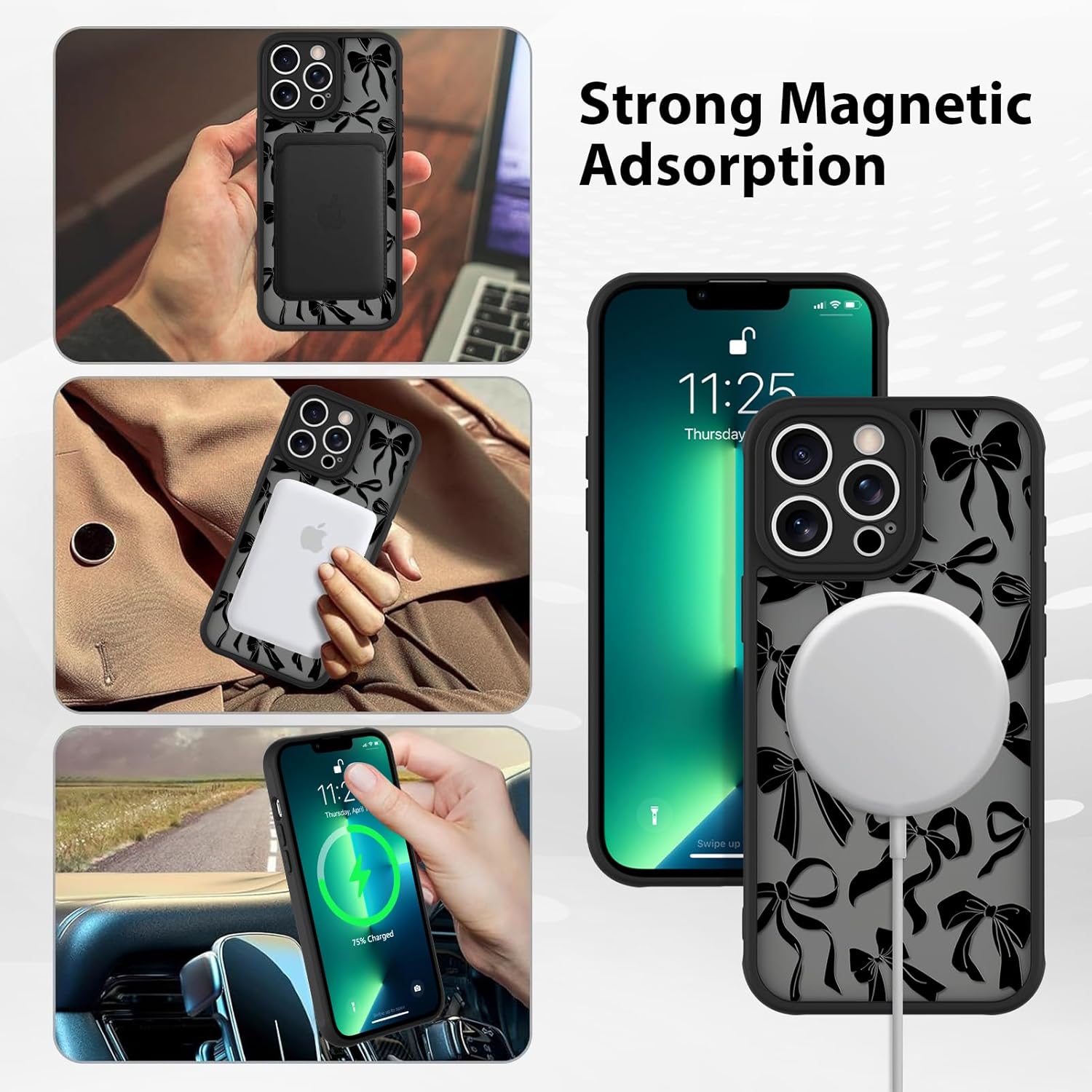 BITOBE Case for iPhone 13 Pro Max [Compatible with MagSafe] Cute Ribbon Bow Pattern for Women Girls Soft TPU Bumper Translucent Magnetic Slim Protective Cover - Black Bows - Image 4