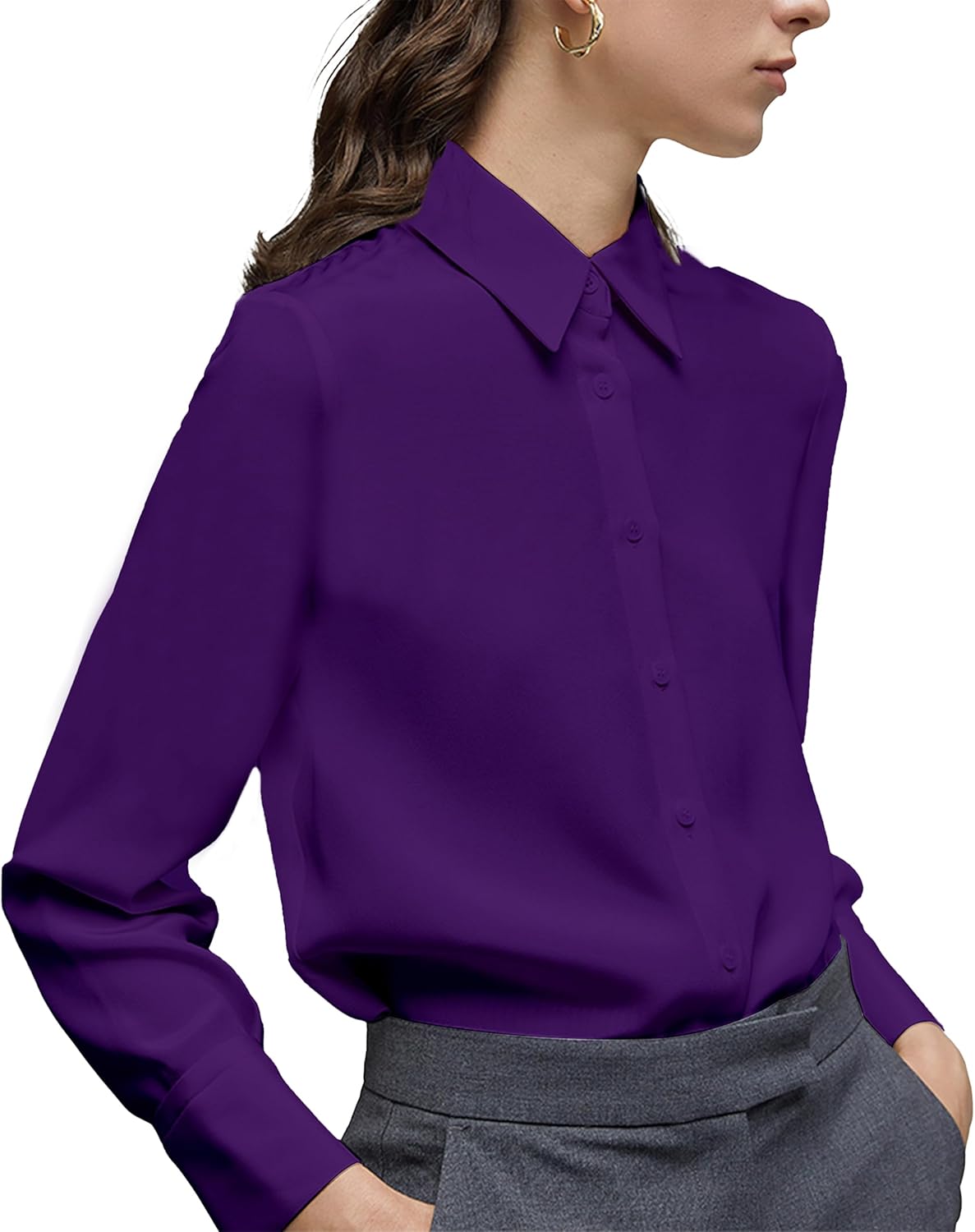 Women's Button Down Shirt Classic Long Sleeve Collared Tops Work Office Chiffon Blouse