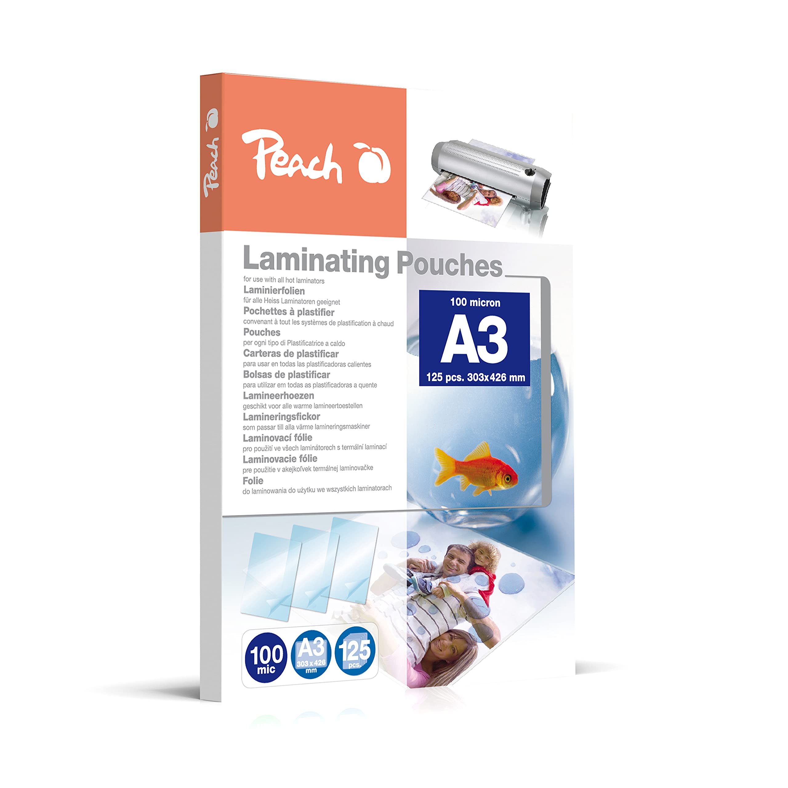 Peach Folie do laminowania A3-100 mic - 125 torebek - błyszczące - jakość premium dla najlepszych rezultatów laminowania - kompatybilne z urządzeniami wszystkich markowych producentów - PP500-01P
