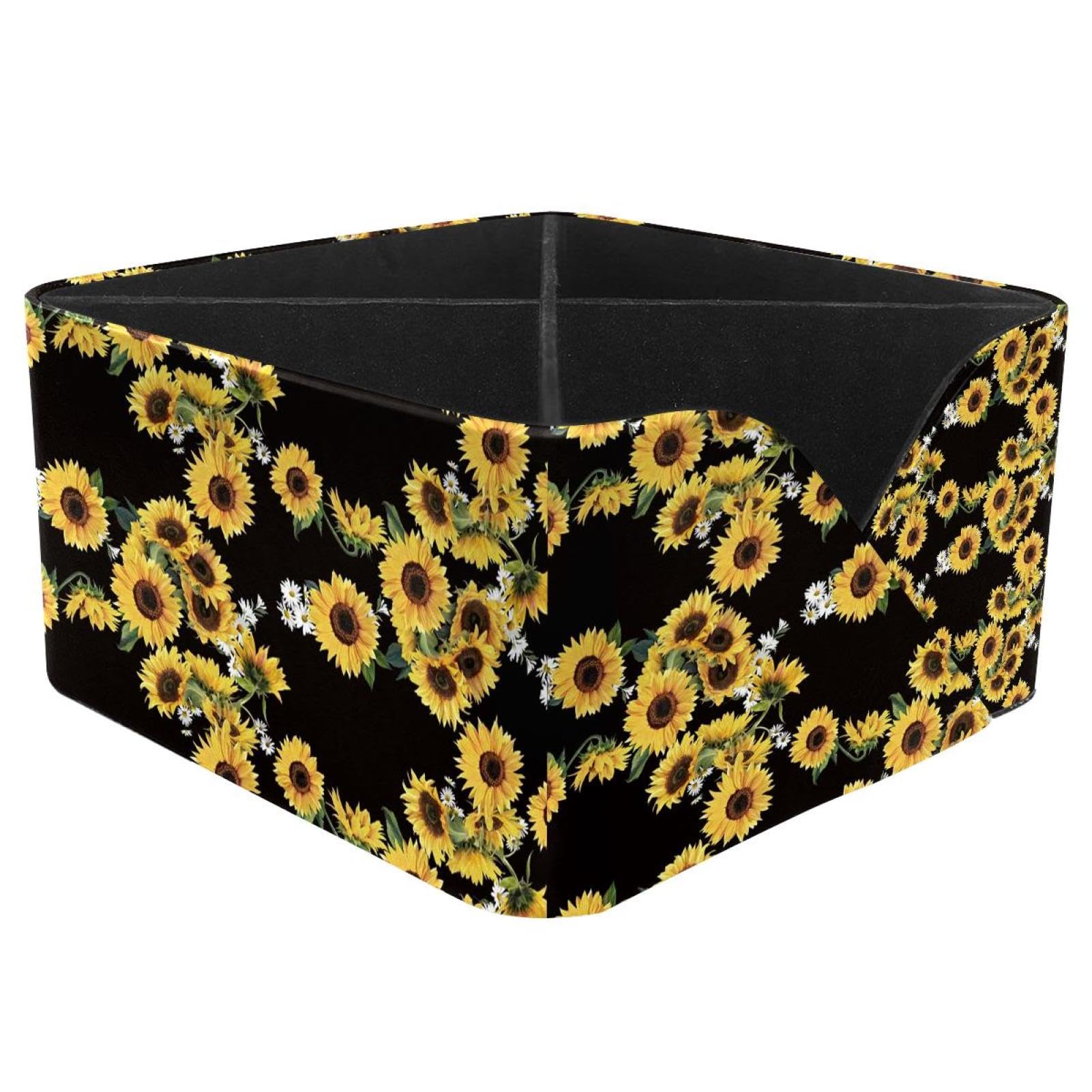 KengjuTesu Botanical Sunflowers Daisy on Black Desktop Organizer Pen Holder, Rectangular Pencil Cup for Office, Study and Makeup Stations