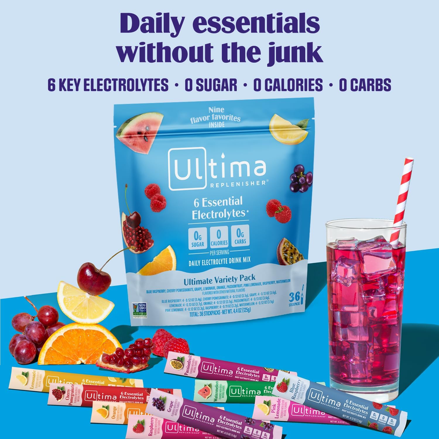 Ultima Replenisher Daily Electrolyte Powder – Ultimate Variety Pack, 36 Stickpacks – Zero Sugar Hydration Packets with 6 Electrolytes and Minerals – Sugar Free, Plant Based & Keto Friendly​ Drink Mix - Image 2