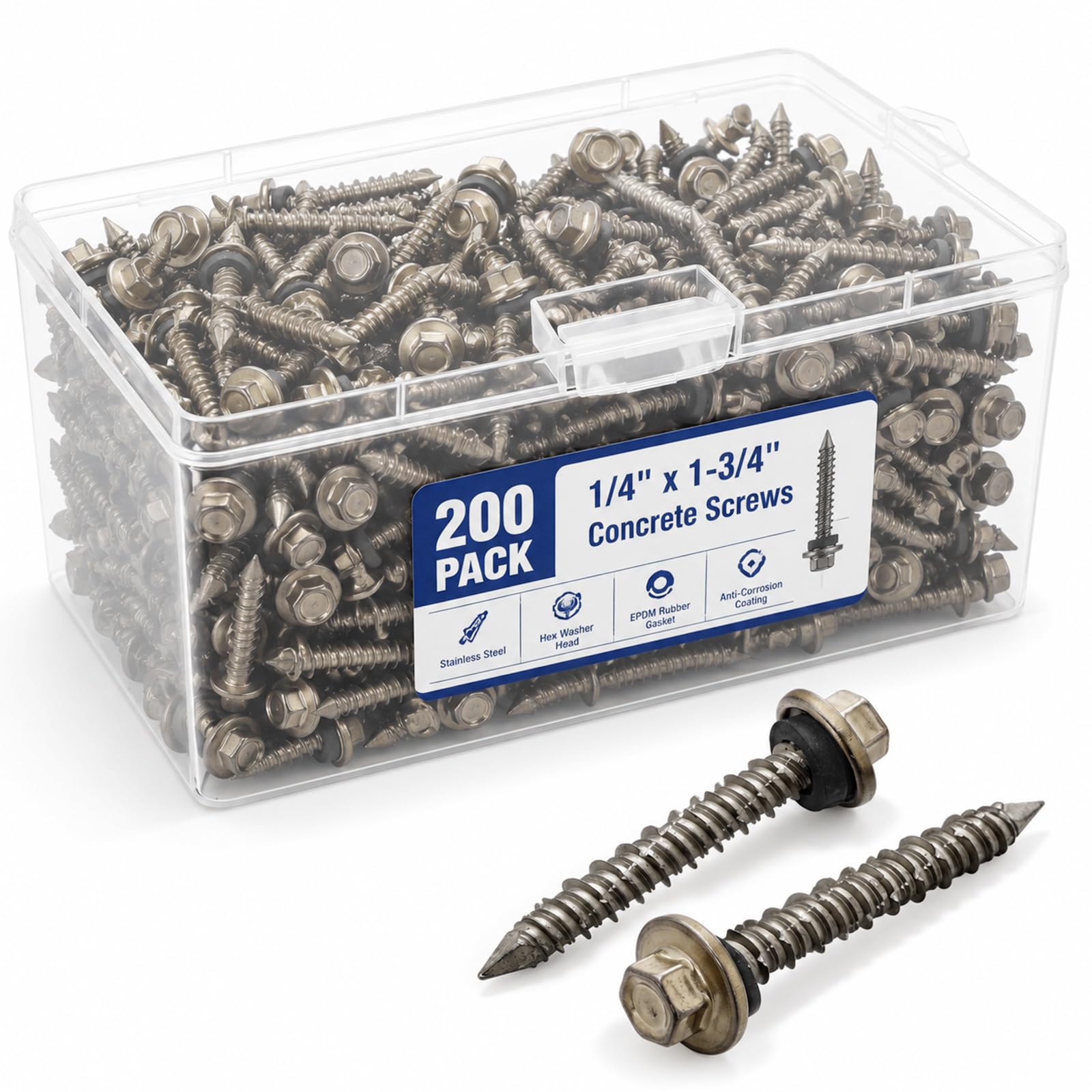 Fumete Confezione da 200 viti per calcestruzzo con testa esagonale a rondella da 6,35 mm x 4,5 cm, con rivestimento anticorrosione, viti in metallo per coperture in calcestruzzo, mattoni e blocchi