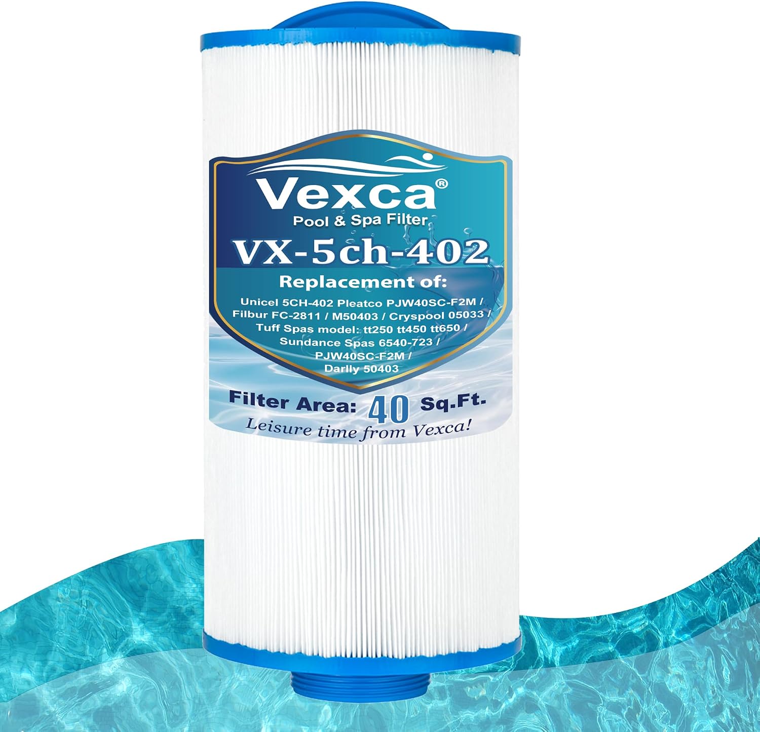 Vexca® Spa Filter Compatible with Pleatco PJW40SC-F2M, Filbur FC-2811, Unicel 5CH-402, Jacuzzi Spa 6540-723, SD-00776, PAS-1338, Del Sol Spas, 40 Sq. Ft Hot Tub Filter, 1 Pack