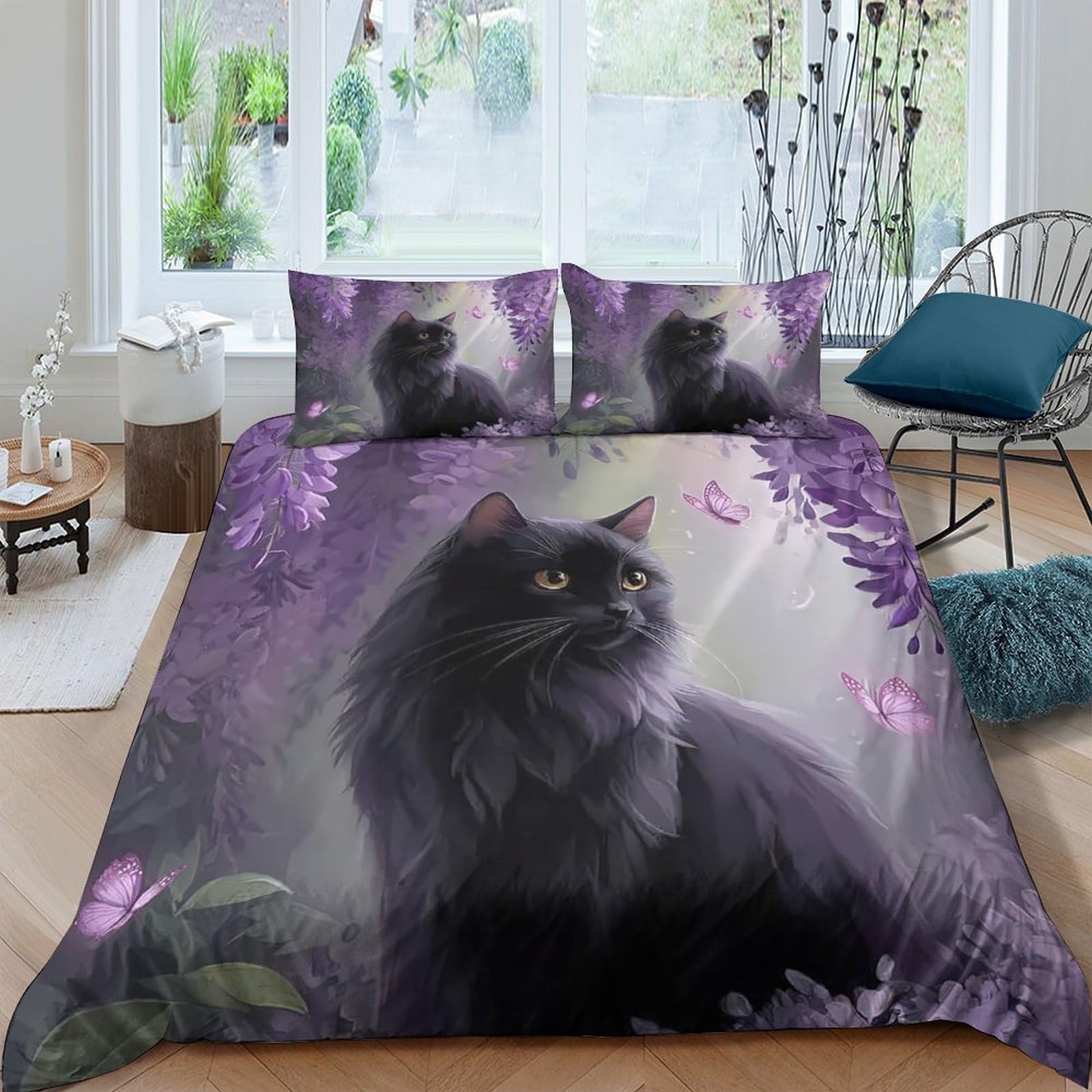 Ctjqhvkz Style-8 3D Printed Black Cat Forest Fitted Sheet Microfiber Soft Purple Floral Mattress Cover For Bedroom Guest Room Decor Single（135X200cm）