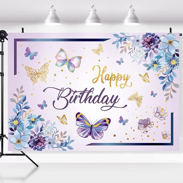 Butterfly Background Birthday Party, Purple Baby Girls Butterfly Decoration, Happy Birthday Backdrop Spring Flowers,Rose Flowers Party Banner,Sweet Butterfly Banner,Spring Butterfly Photo Supplies
