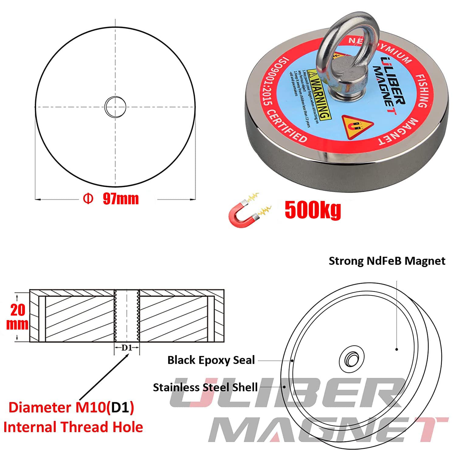Kit da pesca magnetico 500 kg Forza di trazione verticale magnetica, forte magnete al neodimio N52 con corda resistente da 15 m,magnetico per recuperare tesori nei fiumi..