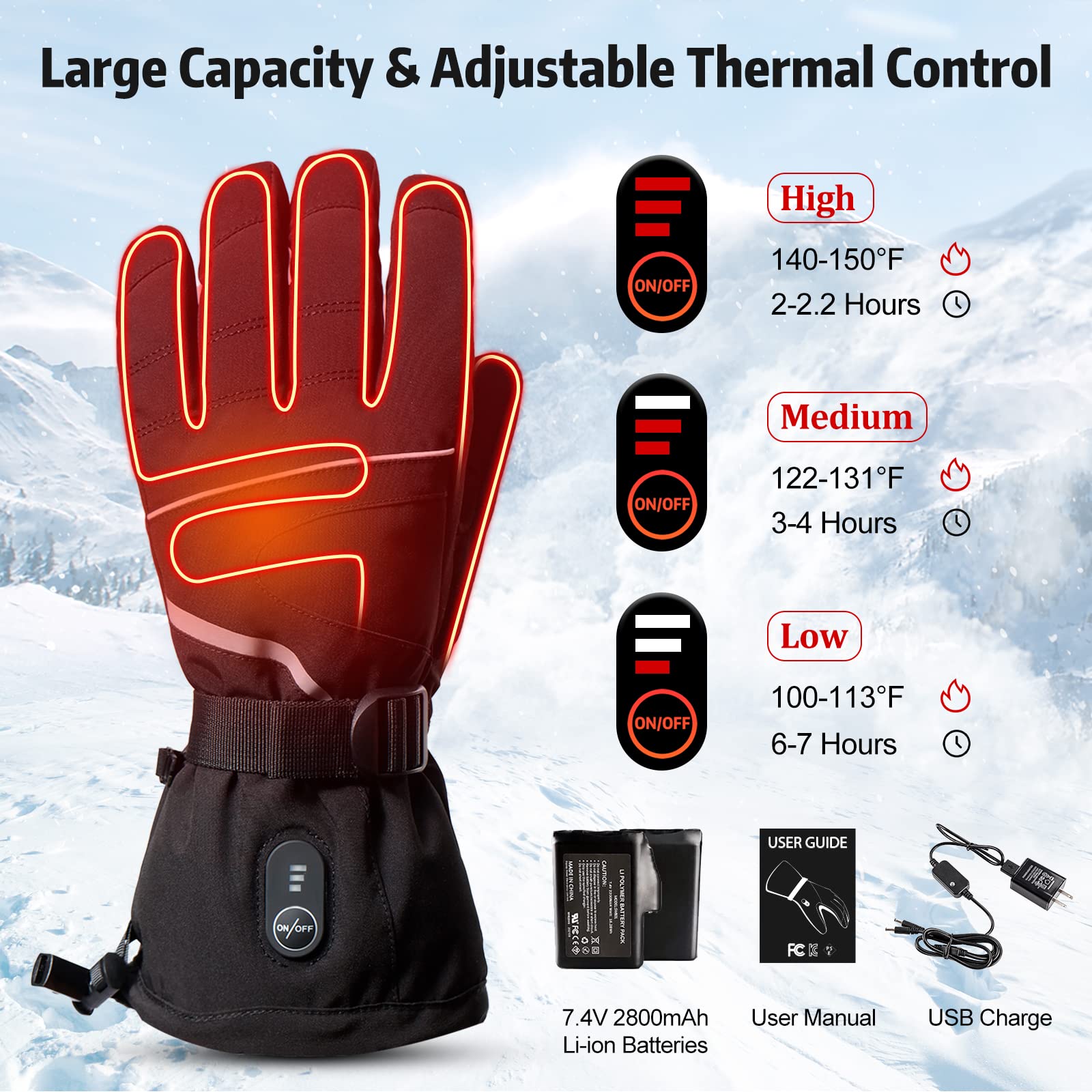 WERMSOCK Heated Gloves for Men Women, Rechargeable Electric Heated Ski Gloves, Touchscreen Waterproof Heated Gloves for Motorcycle Skiing Fishing Hiking Camping Riding Winter Outdoors (3XL)