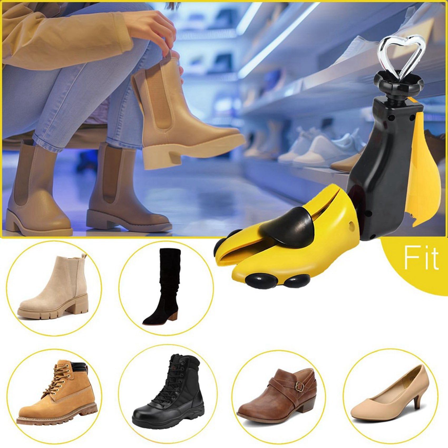 3X Ensanchador de Zapatos para Botas para Hombres, Expansor de Hormas para Mujeres, y Elástico, Botas Unisex Ajustables con Pies Anchos Amarillo