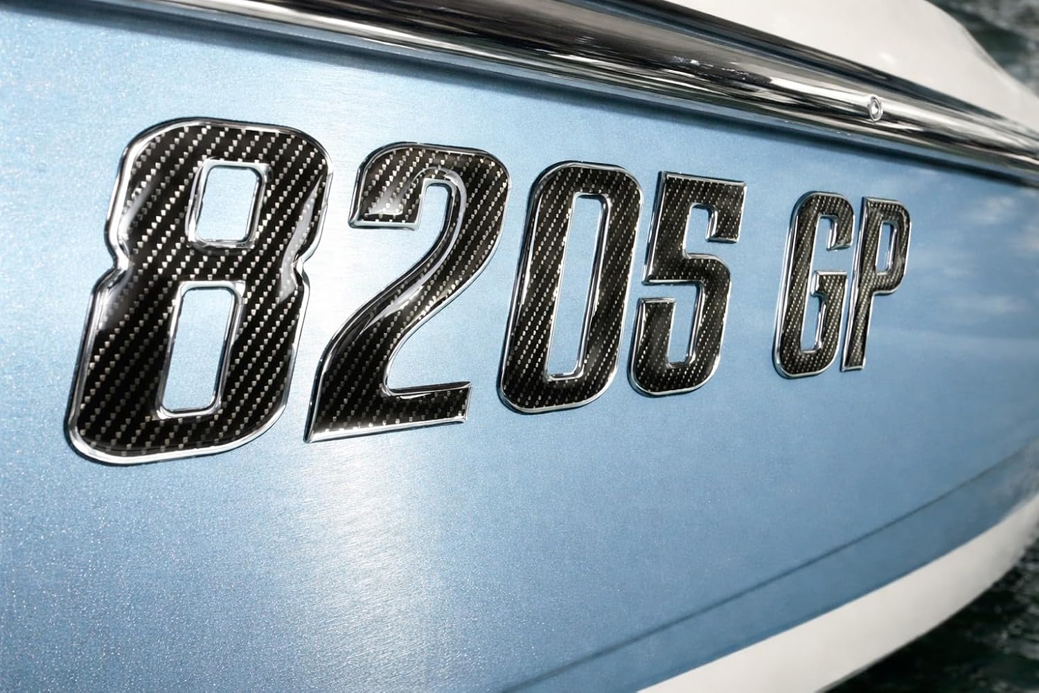 Custom Boat Registration Numbers & Letters (Two Sets) Marine Grade Decals (Carbon Fiber/Chrome, 3")