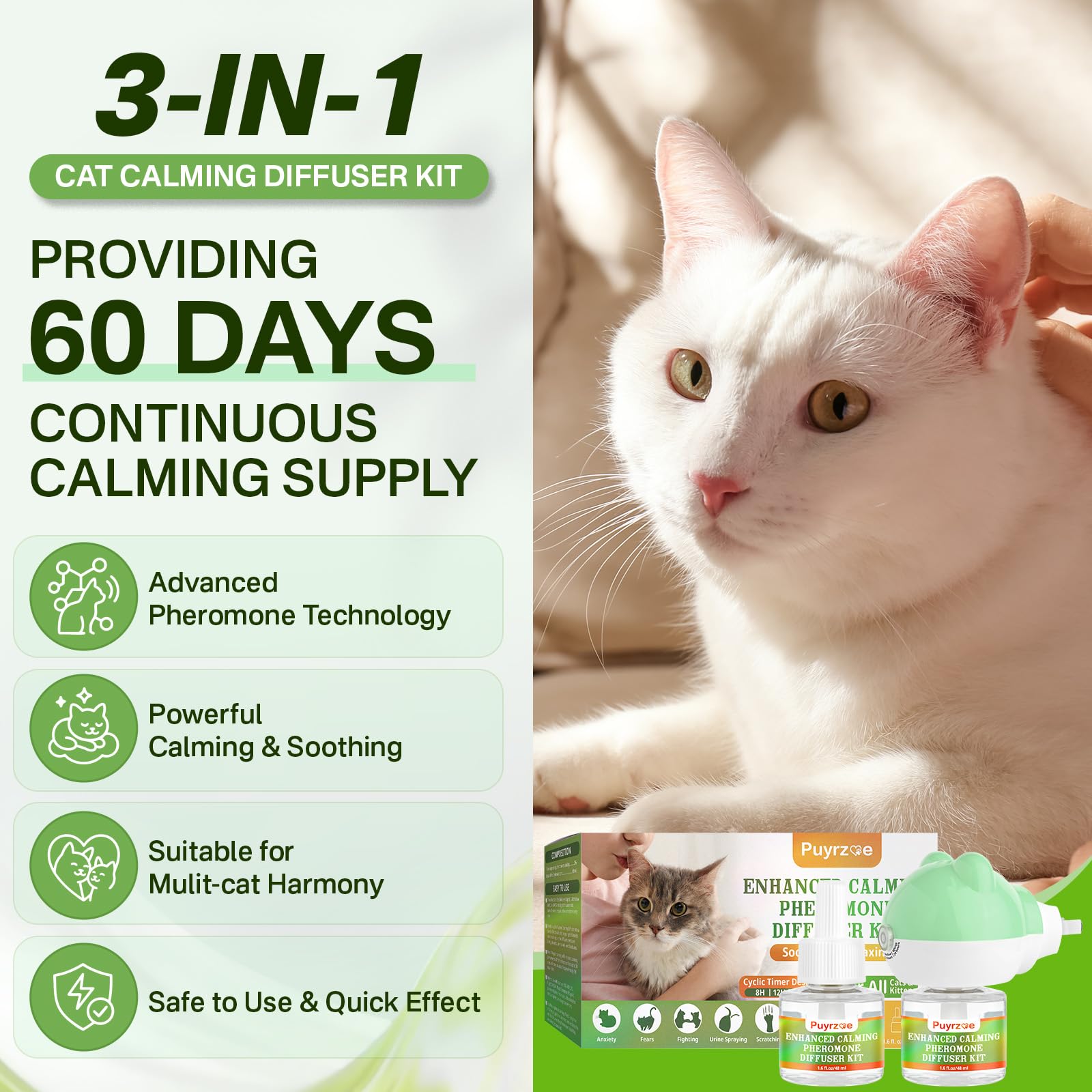 Cat Calming Diffuser with Timing Function, 3-in-1 Cat Pheromones Calming Diffuser Kit, 60-Day Anxiety Relief, Stress Relaxation Cat Pheromone Diffuser for All Cats (1 Diffuser + 2 Refills) - image 3