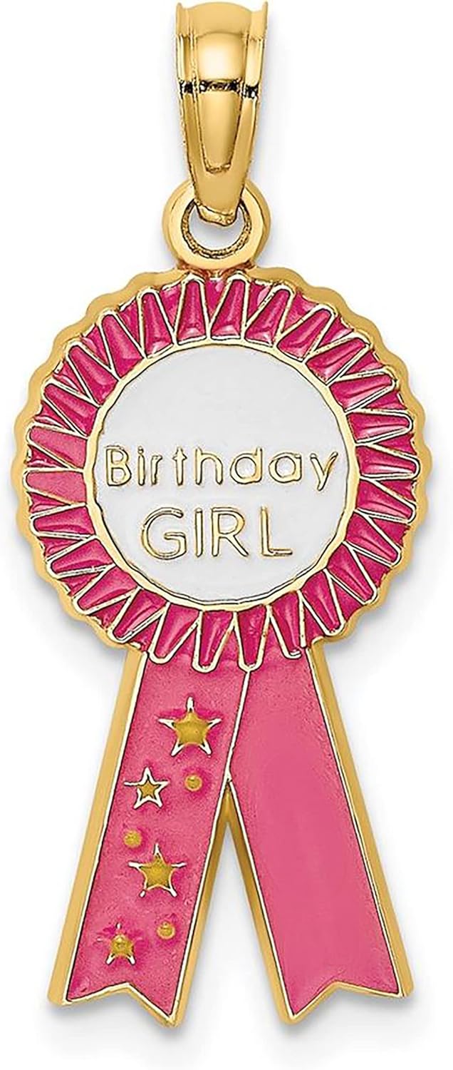 14K Yellow Gold Enamel Birthday Girl Pink Ribbon Charm Pendant