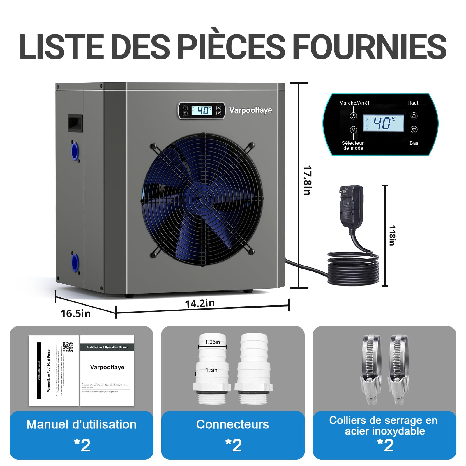 Pompe à chaleur électrique piscine 5 kW 20 m³ contrôle WiFi 220 V 240 V 50 Hz