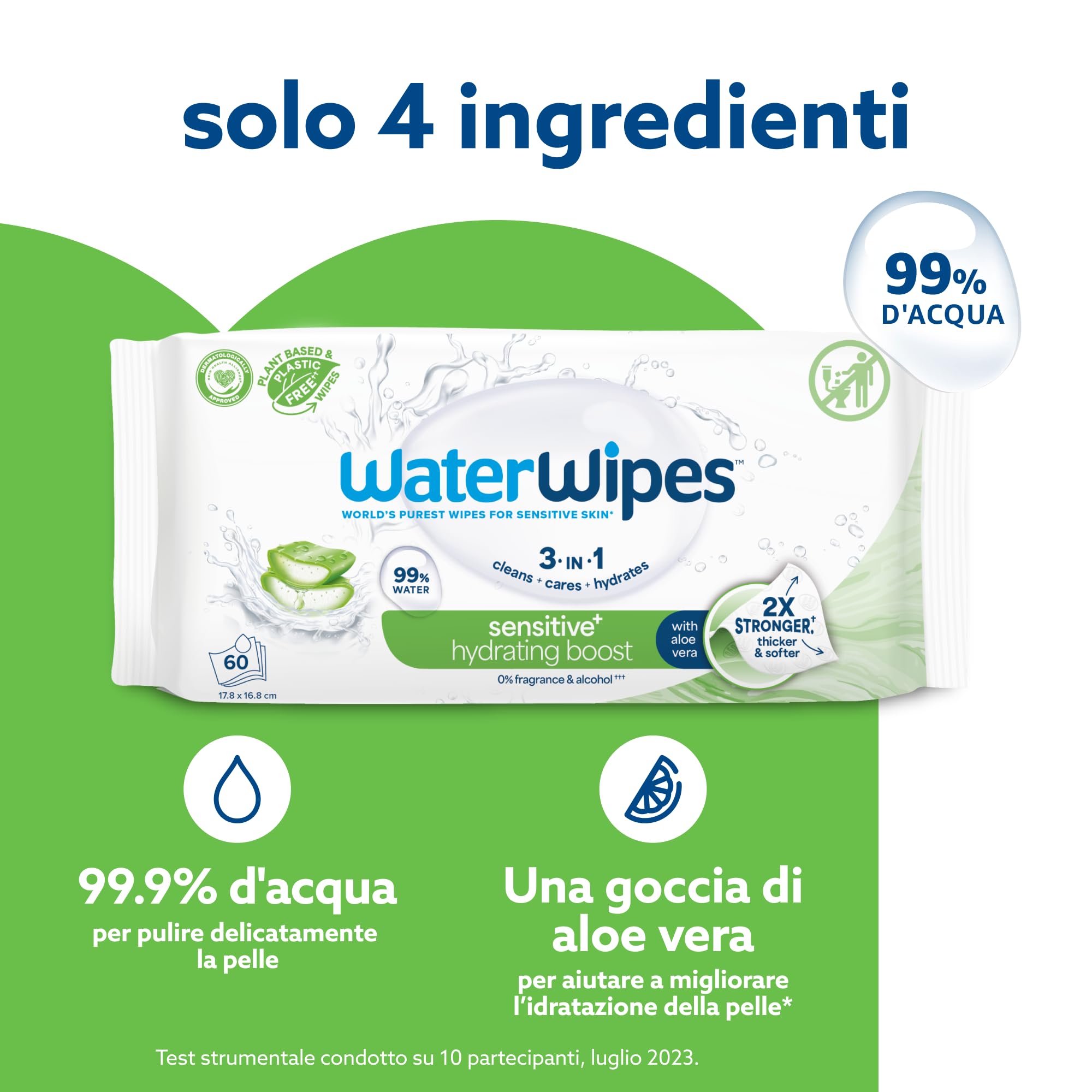 WaterWipes Sensitive+ Hydrating Boost Wipes, Salviettine Idratanti, 360 Pezzi (6 Confezioni), 99% Acqua con Aloe Vera, Deterge, Cura, Idrata, Senza Profumo, la confezione può variare