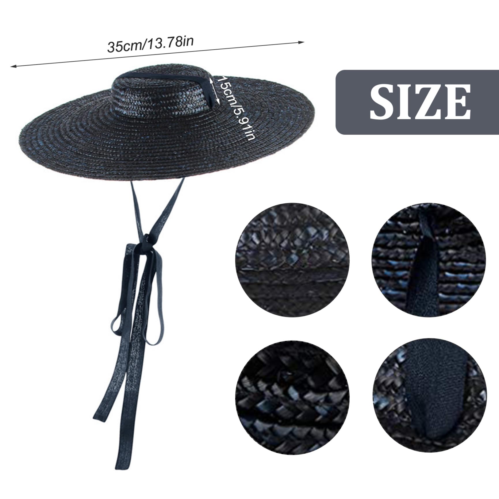 Cappello di Paglia Piatto a Tesa Larga 14x14x6 Pollici per Donna | Tessuto di paglia traspirante, ideale per gite in spiaggia, adatto alla maggior parte delle donne adulte