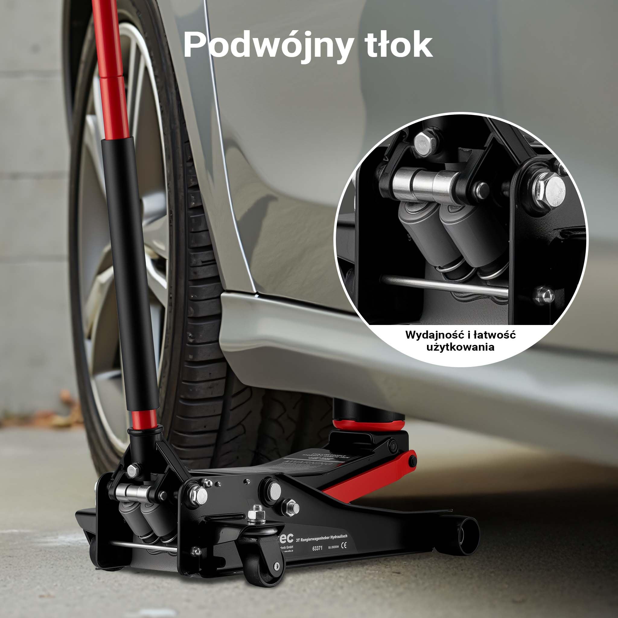 XPOtool Podnośnik samochodowy hydrauliczny 3 t, wysokość podnoszenia 85–500 mm, mobilny lewerek typu żaba, z podwójnym siłownikiem i czterema kołami jezdnymi