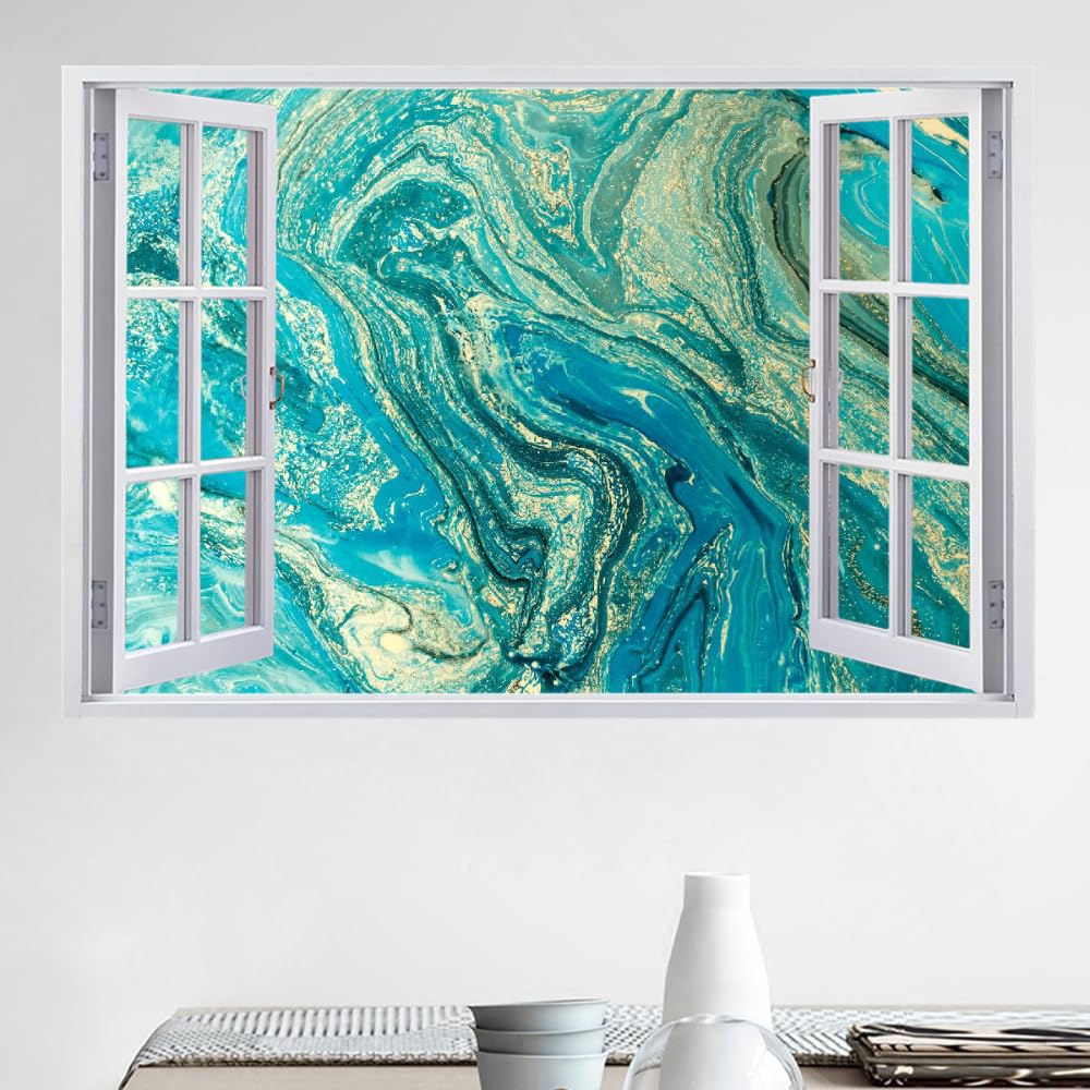 Sticker Mural 3D Amovible Marbre Décoration Murale Plancher Plafond Brisé Décalque Art Décoration Lignes Vertes Pour Salle De Bain Chambre Salon Salle De Jeux Murale 120x80cm