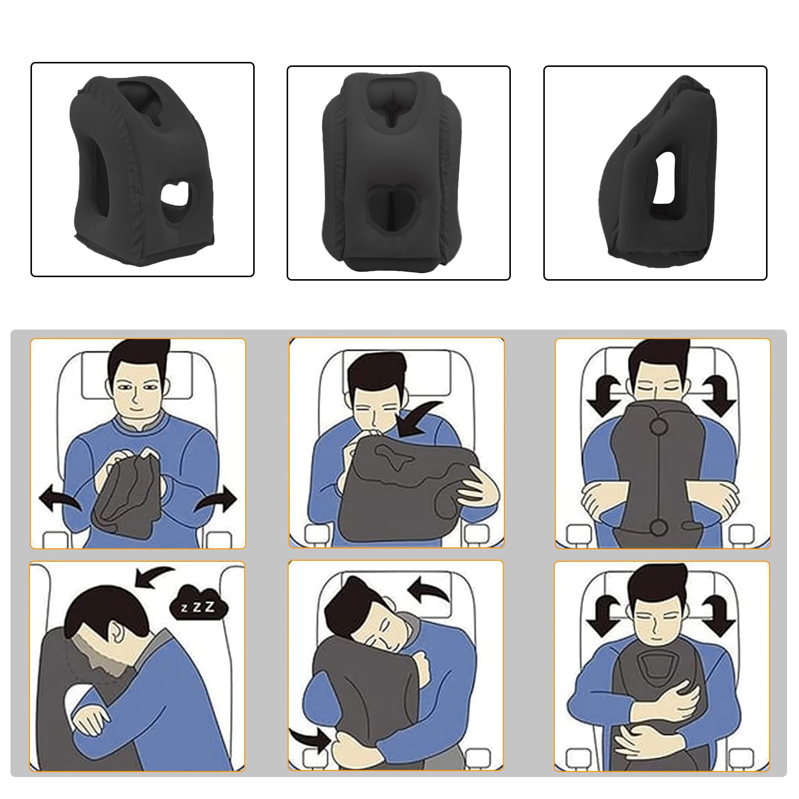 Oreiller De Voyage Gonflable YOYEAH – Coussin Cervical Ergonomique Multi-Usages Avion Train Voiture Bureau, Noir, Ultra Compact