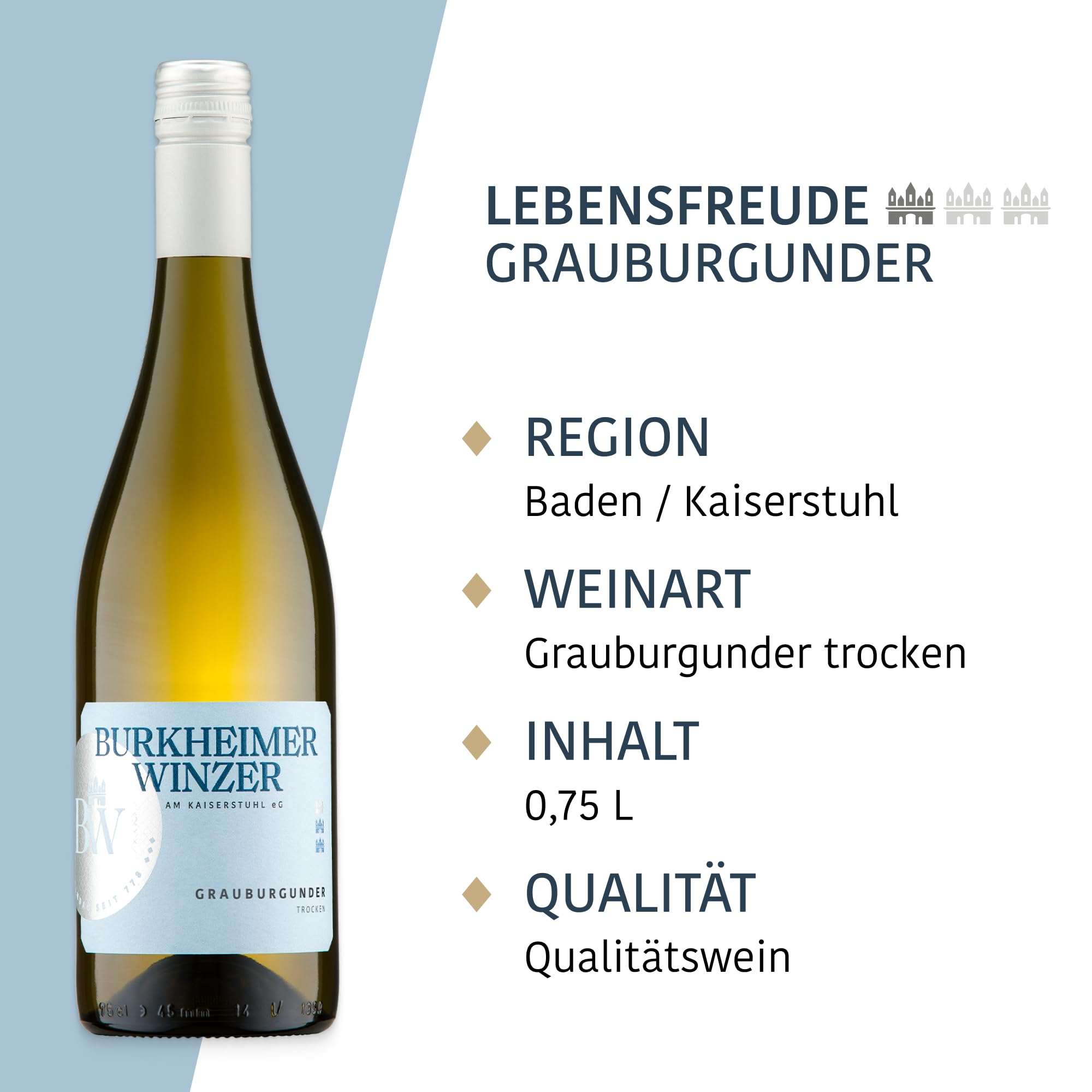 Burkheimer Grauburgunder trocken – Qualitätswein facettenreich & elegant mit Aromen von Birne, Mirabelle & Zitrus - Lebensfreude Kollektion - Weißwein vom Kaiserstuhl (6 x 0,75l)