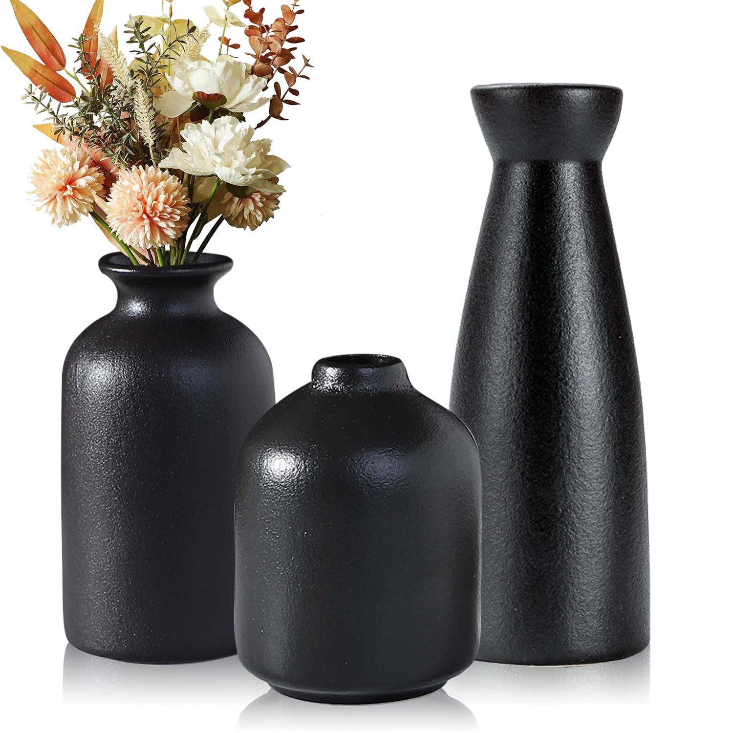 Lighterday Juego de 3 jarrones bohemios de cerámica, decoración moderna, jarrón negro, pequeño para flores de hierba de Pampas, para salón, mesa, alféizar de ventana (negro-B)