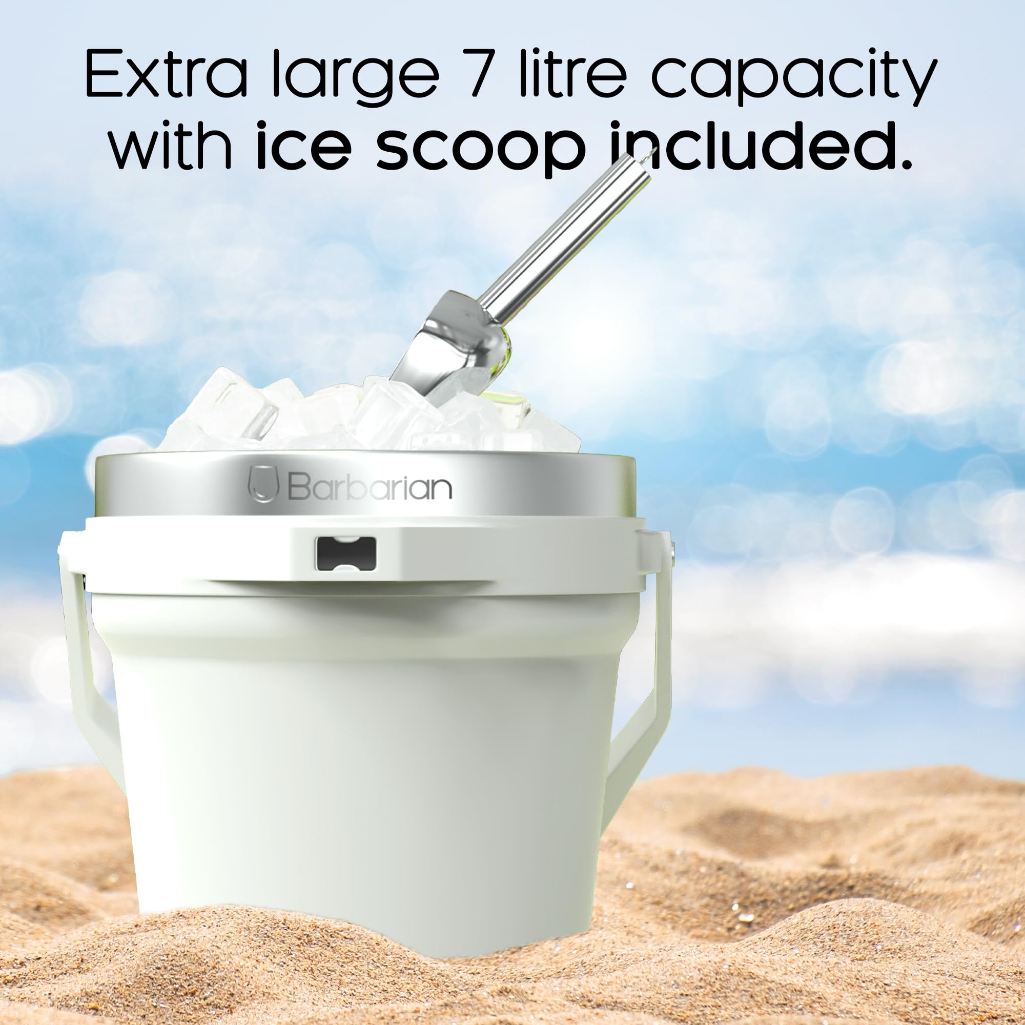Barbarian - Cubo de hielo aislado al vacío de doble pared con tapa, capacidad extra grande de 7 litros con cuchara de hielo y abridor de botellas integrado, color blanco