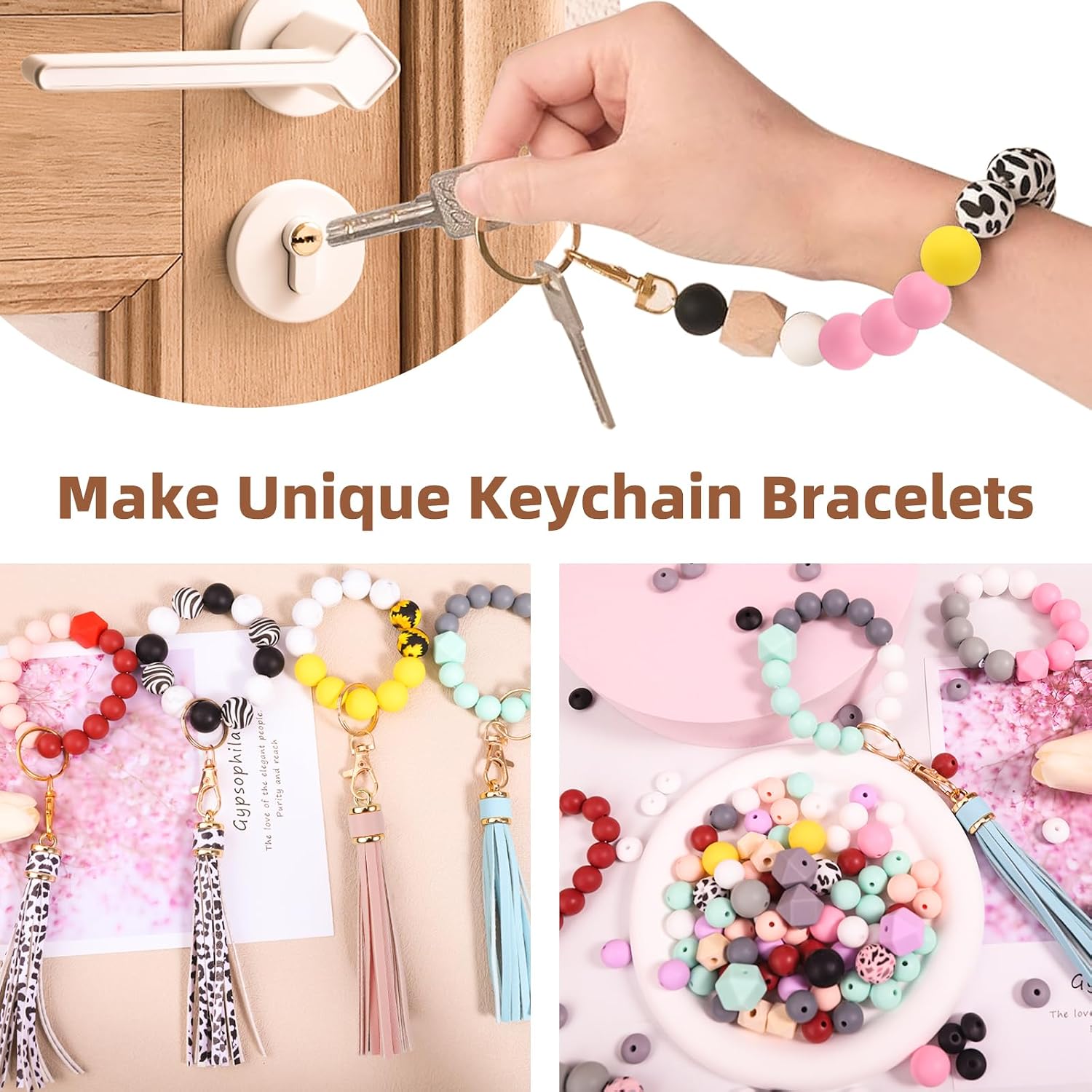 CZWZ 141pcs Silicone Beads for Keychain Making Kit 15mm 12mm Round 14mm Polygonal Silicone Loose Beads Bulk for Pens Bracelet Necklace Crafts Making image 5