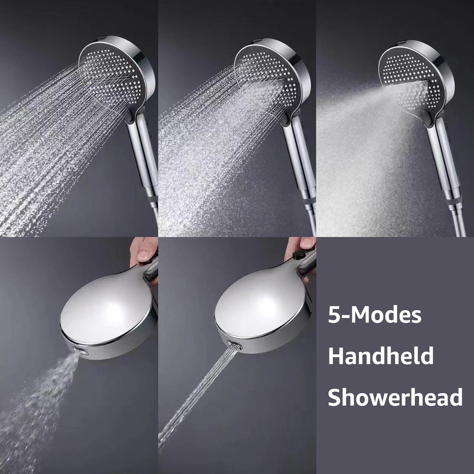 Alcachofa de Ducha de Mano 5 Modos, Cabezal de Ducha ABS Alta Presión con Soporte de Cobre y Flexo de Acero INOX 1,5 m – Ahorro de Agua, Antical, para Baño, Ducha y Bañera