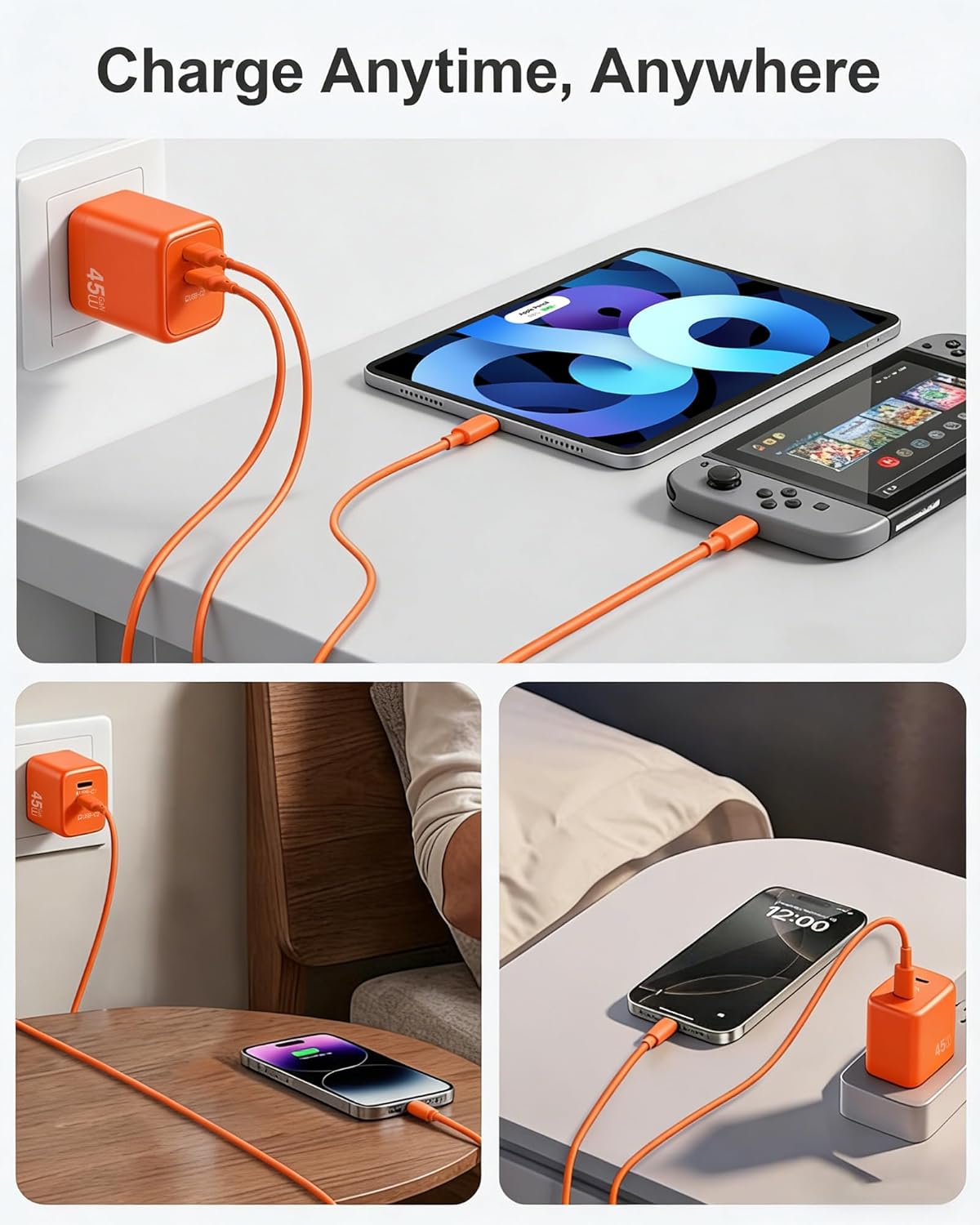 45W USB C Charger 2-Pack GaN PD Dual Port Fast Charger Block Compact Foldable Wall Plug with 4 Pack 5Ft Cables for iPhone 17/16/15 Series,MacBook Air,iPad Air/Pro/Mini,iWatch(Orange)