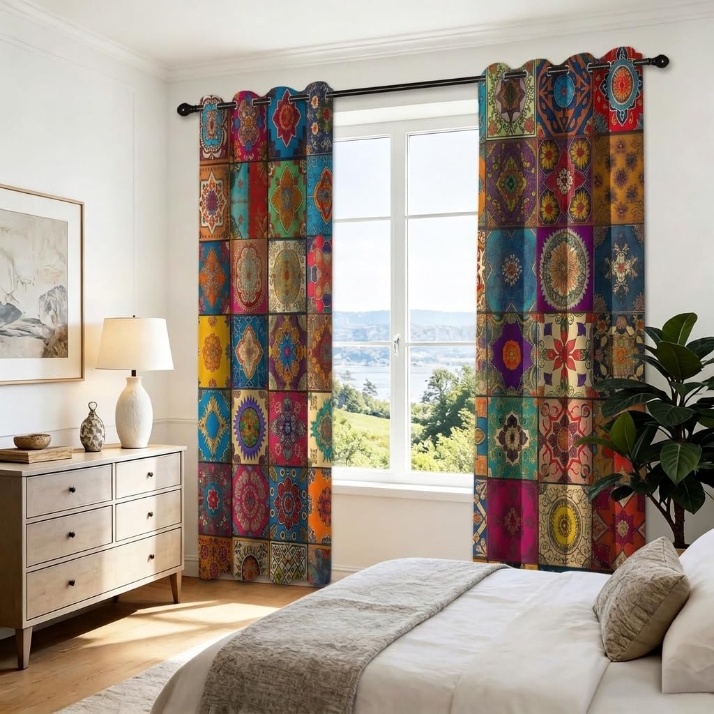 Rideau Occultant De 2 Pièces Motifs Indiens Traditionnels Bloqueur Lumière Rideaux Thermiques Isolants Économie D'Énergie 150L X 280H cm Polyester Rideaux Phonique Salon Chambre Balcon Coloré
