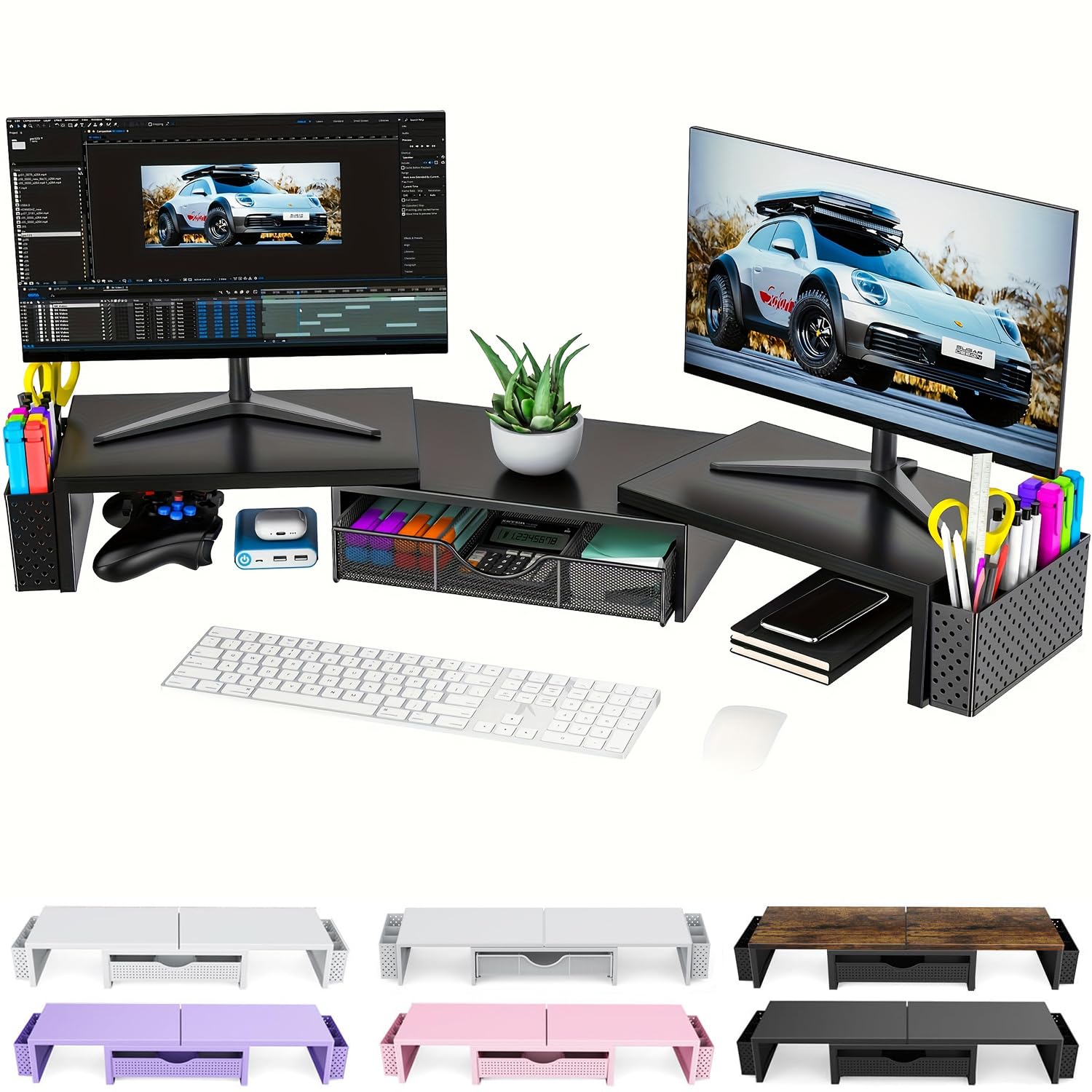 Doppel Monitorständer, Metall Monitor Erhöhung mit Schublade und 2 Stifthaltern, einstellbare Länge und Neigung – Dual Monitor Stand Riser für Laptop, PC, Computer, Drucker (Metall Schwarz)