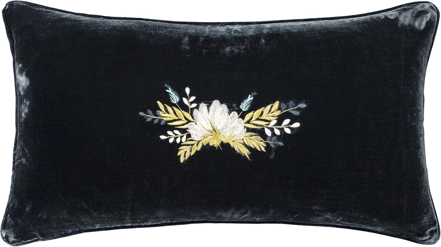 HiEnd Accents Stella Faux Silk Velvet Embroidered Lumbar Pillow, 14x24 inch, Saffron, Romantic Western Modern Traditional Style Luxury Bedding, Decorative Throw Pillow