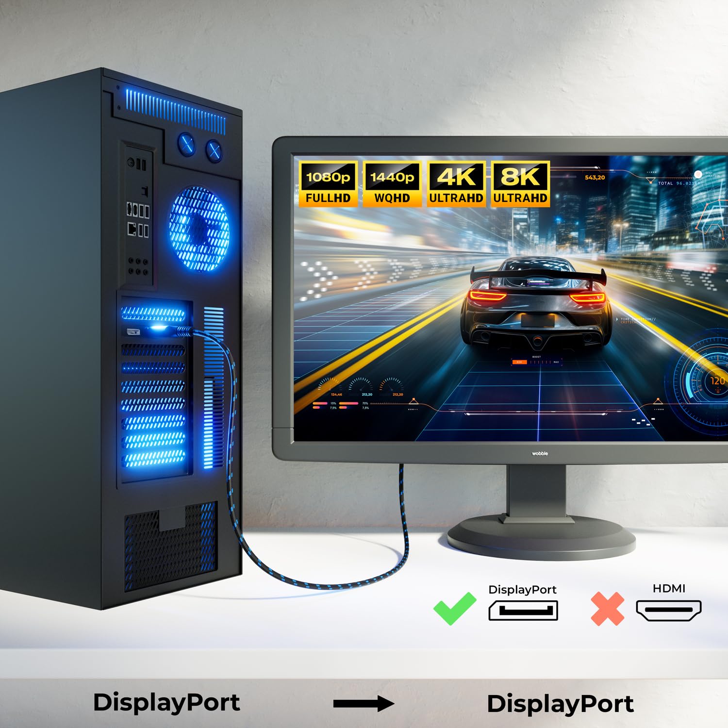 deleyCON 1,5m Câble DisplayPort 1.4 (8K@60Hz 4K@165Hz 2K@360Hz/240Hz/165Hz/144Hz) UHD WQHD HDR AMD FreeSync + NVIDIA G-Sync - pour Moniteur de Jeu Carte Graphique PC