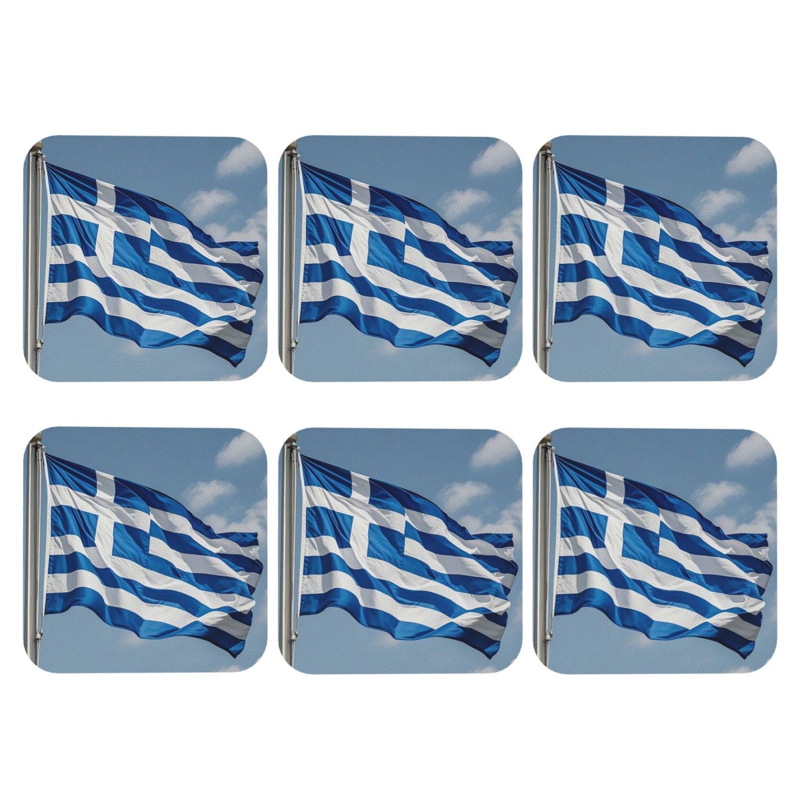 Coasters Set of 6 Leather Drink Coaster greek flag Coaster for Drinks Non-Slip Mugs Pads Waterproof Funny Coasters Coffee Cup Mat for Table Kitchen