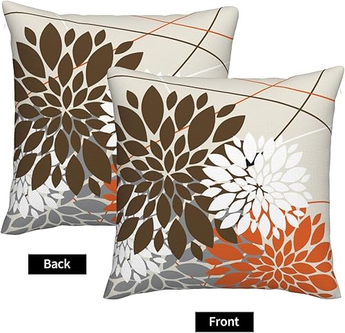 Miniatura 4 de Juego de 2 fundas de almohada florales de dalia marrón y naranja gris de 18 x 18 pulgadas, para exteriores, modernas, café, blanco, gris, flores,