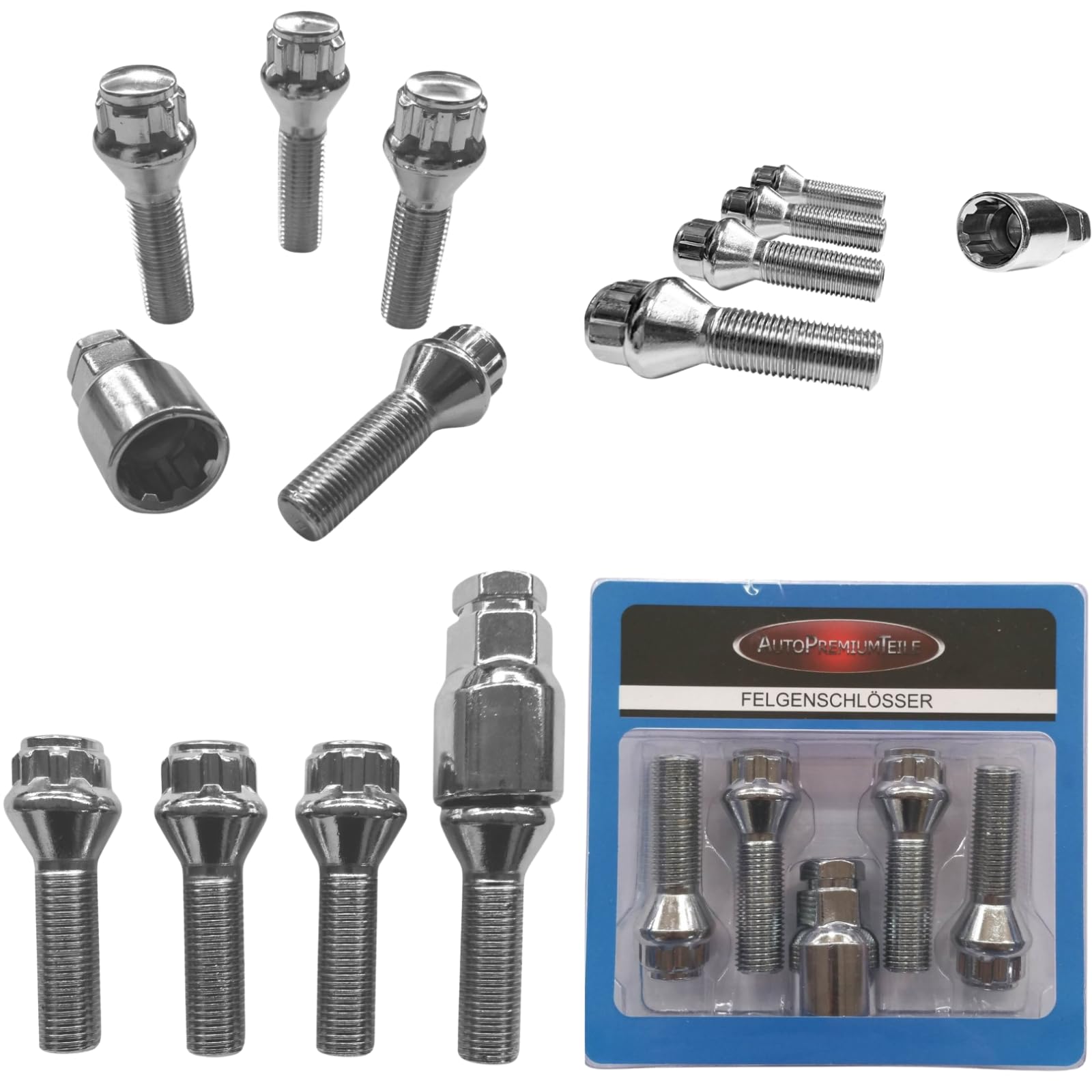 Blokada do felg M14 x 1,5 x 38 mm, taśma stożkowa 60°, 4 srebrne zamki felg, zestaw 4 szt
