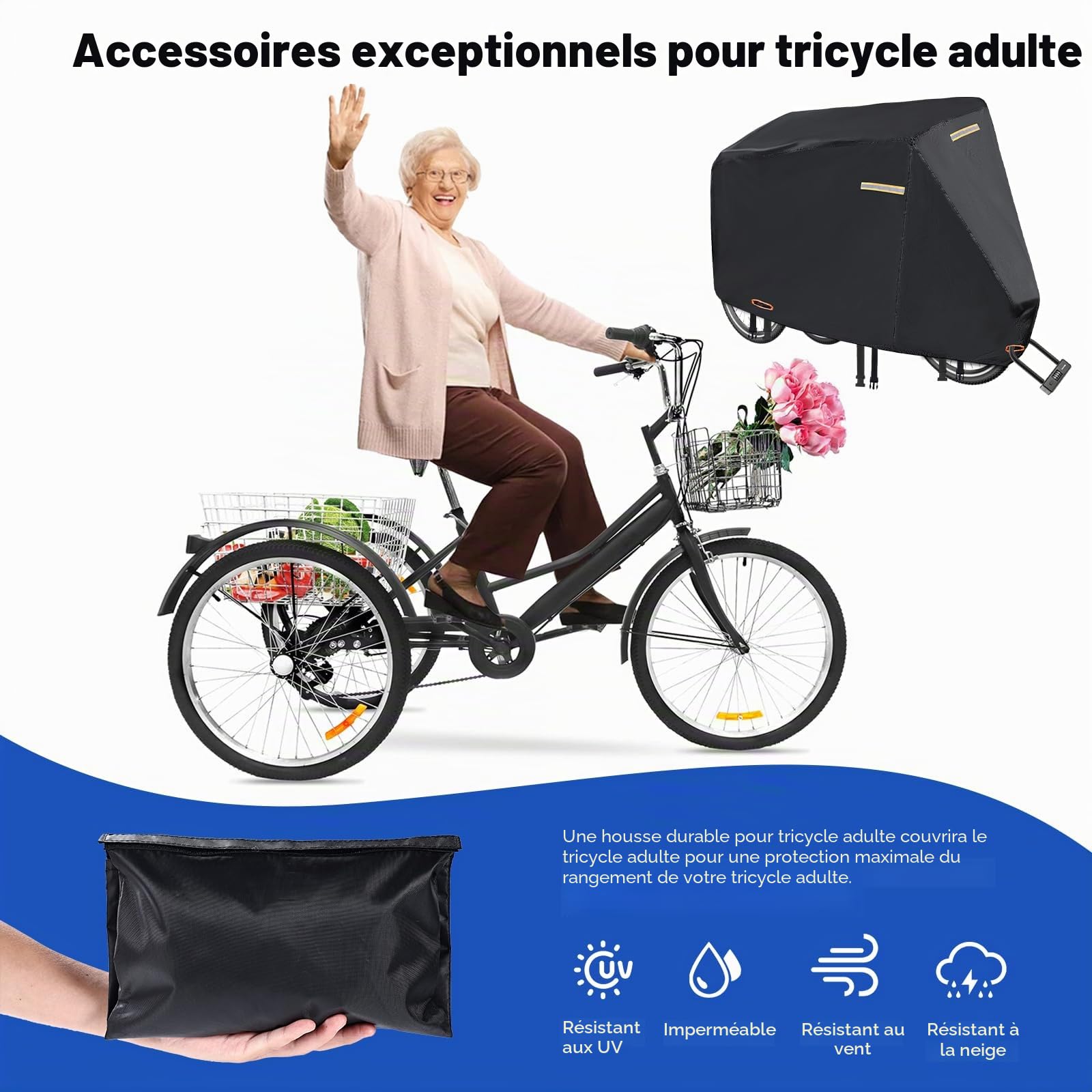 Housse de tricycle pour adulte, durable 420D pour adultes, bâche universelle pour tricycle adulte, étanche avec rayures imperméables, 3 trous de verrouillage en nylon, 4 bandes réfléchissantes