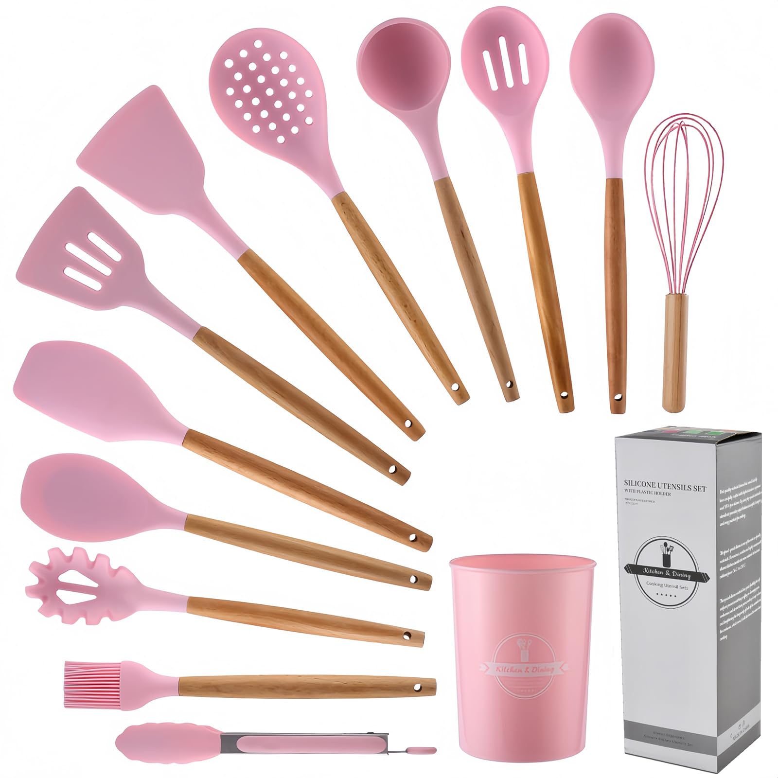 YJPPDD Silicon Cooking Utensils Set for Kitchen,446°F Heat Resistant 12 pcs Non-Stick Cooking Set with Wooden Handle Spatula Turner Spoon Tongs Whisk, BPA Free Kitchen Utensils Spatula Set