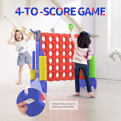 Miniatura 6 de UNICOO - Juego gigante 4 en una fila con bolsa de transporte, juego gigante de 4 a puntuación con baloncesto y aro, lanzamiento de anillo, juego de