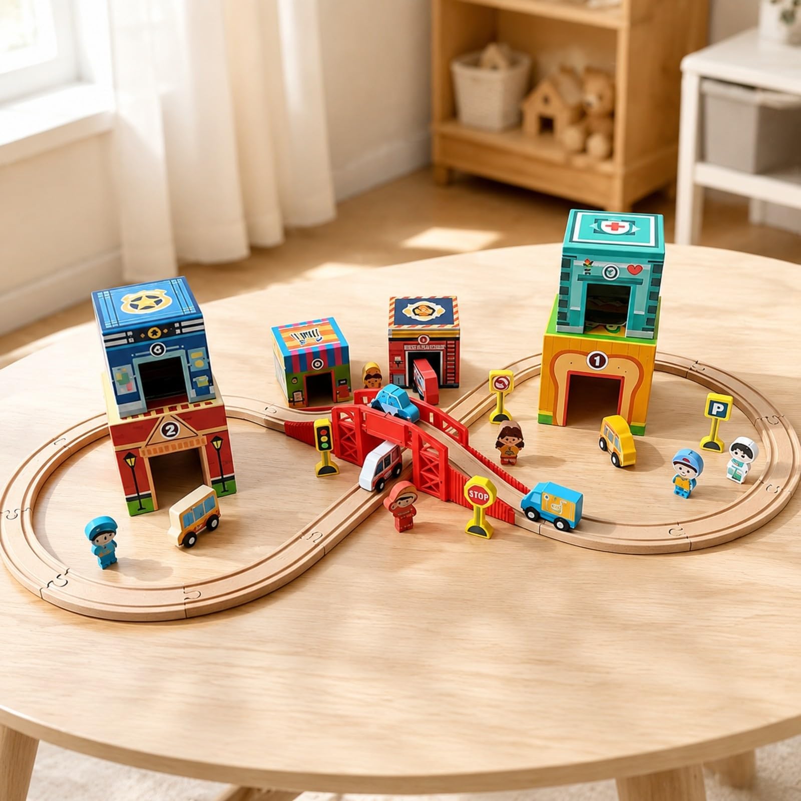 kowaku Set Juego Transporte para Apilar Colorido, Juguete Tráfico Apilable con Edificios Dibujados, sin Electricidad